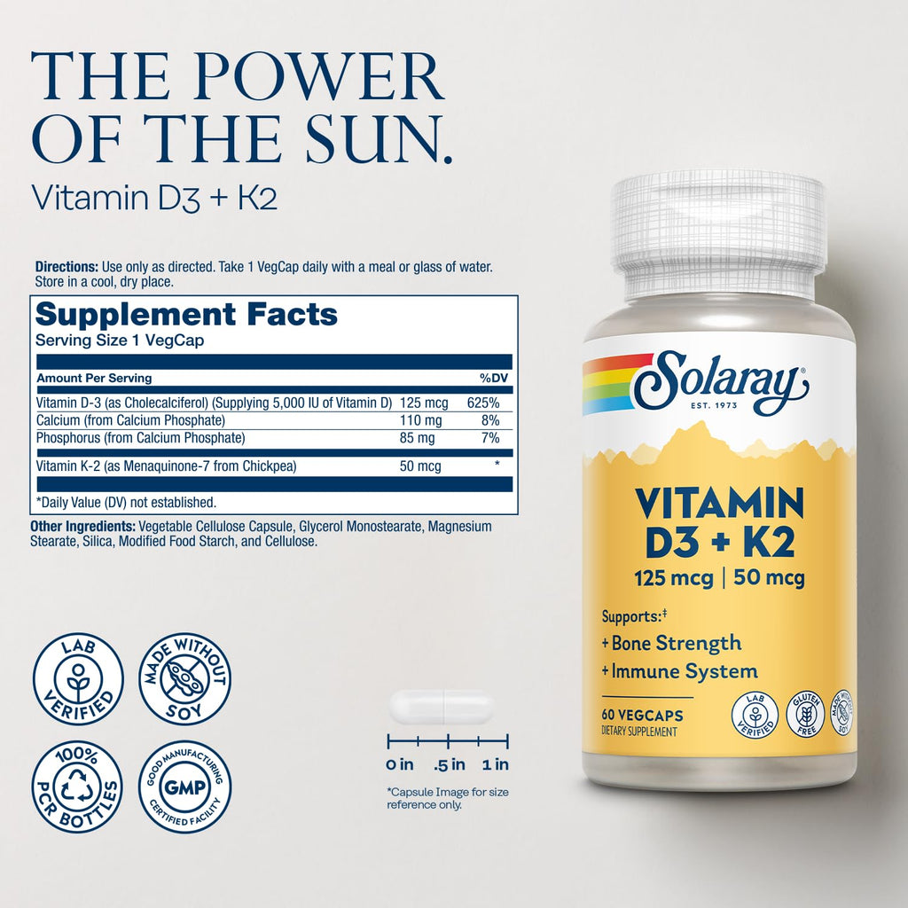SOLARAY Vitamin D3 K2 - Bone Health & Immune Support | 5000 IU D3, 50 mcg MK-7, Soy-Free, 60 VegCaps, 60-Day Guarantee