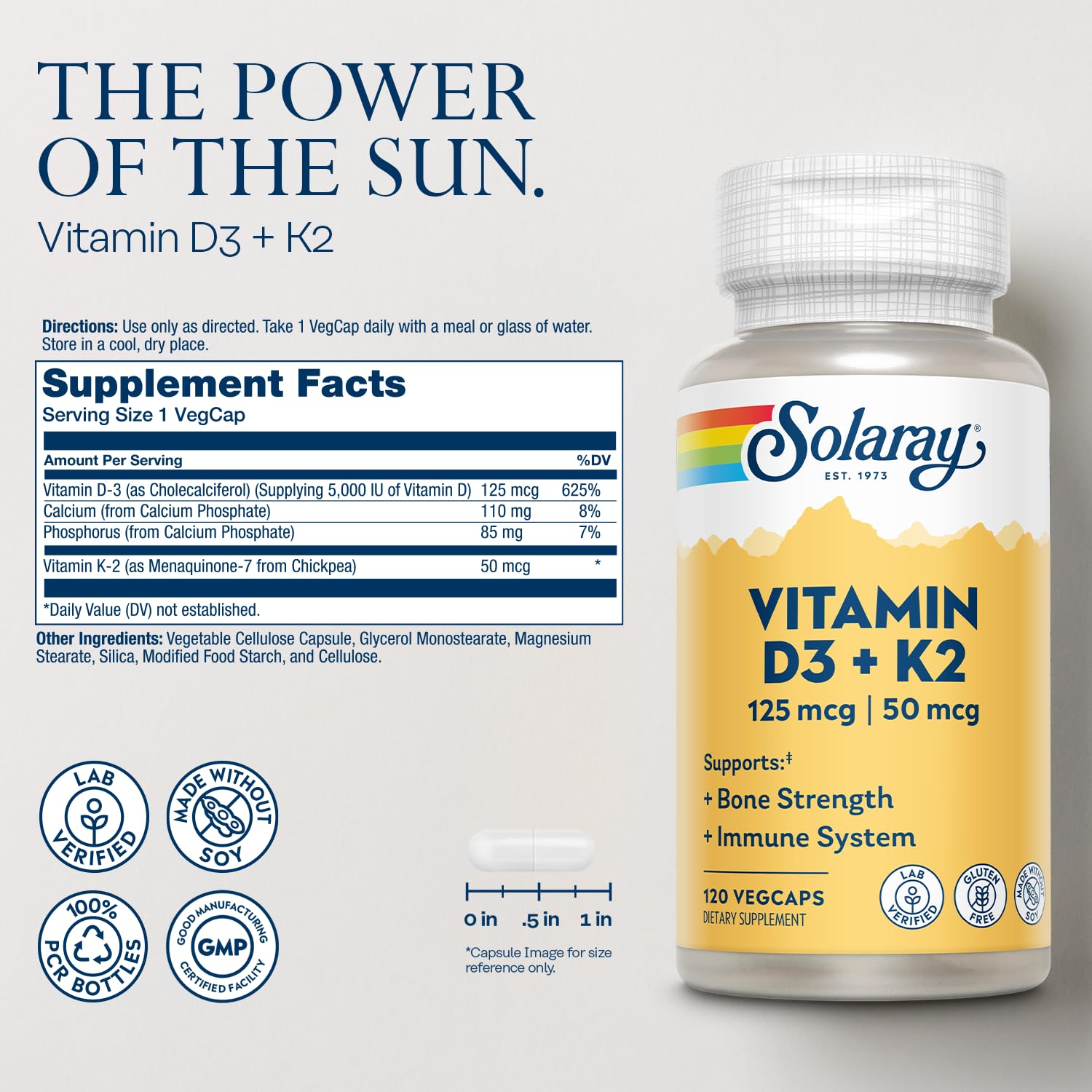 SOLARAY Vitamin D3 K2 – 5000 IU D3, 50 mcg MK7 | Bone Health & Immune Support