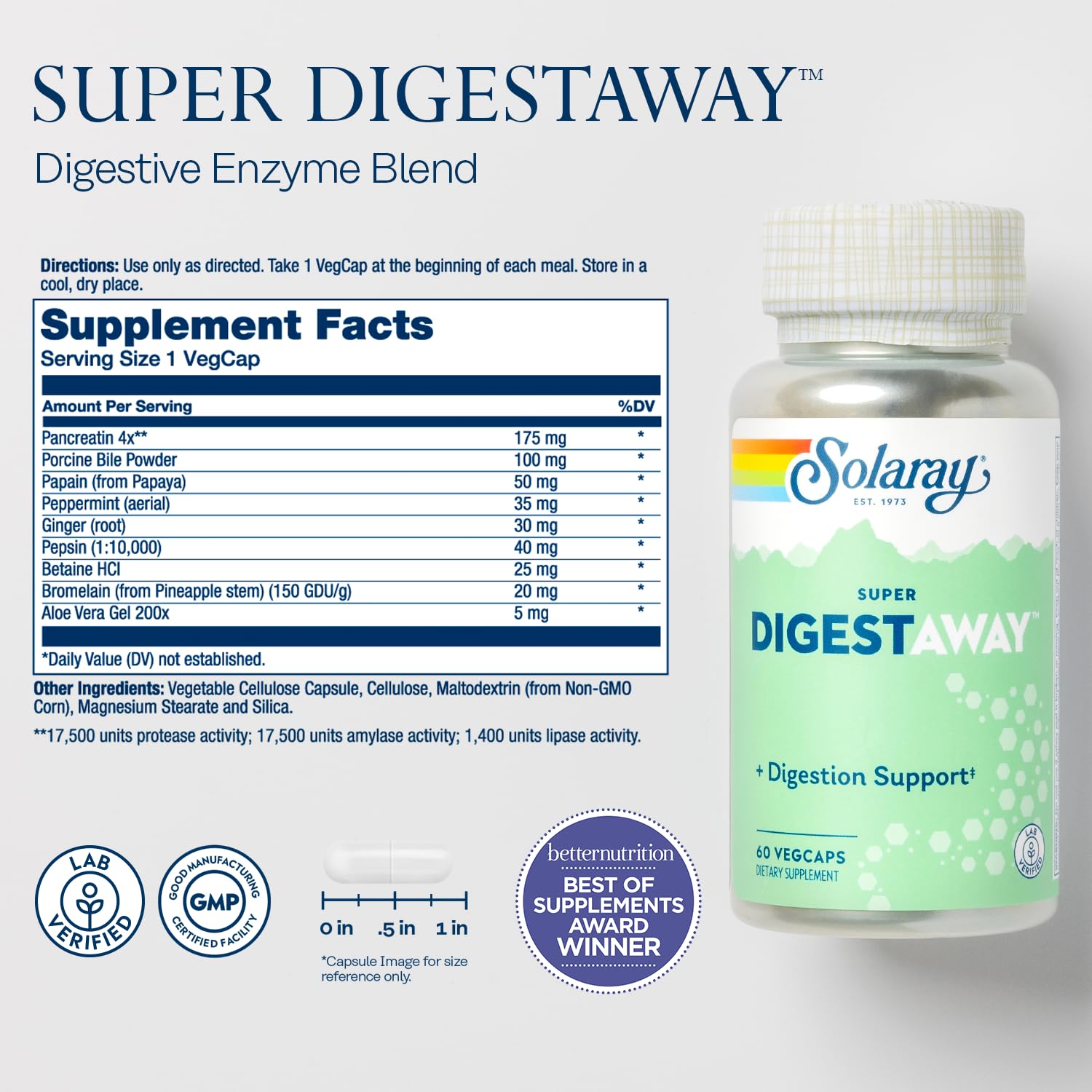 SOLARAY Super Digestaway Digestive Enzymes | Pancreatin, Papain, Ginger & More - 60 VegCaps