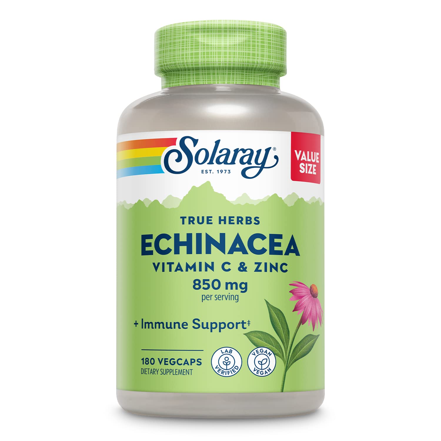 SOLARAY Echinacea Vitamin C & Zinc 850mg – Immune Support Capsules | Vegan, Lab Verified, 180 VegCaps