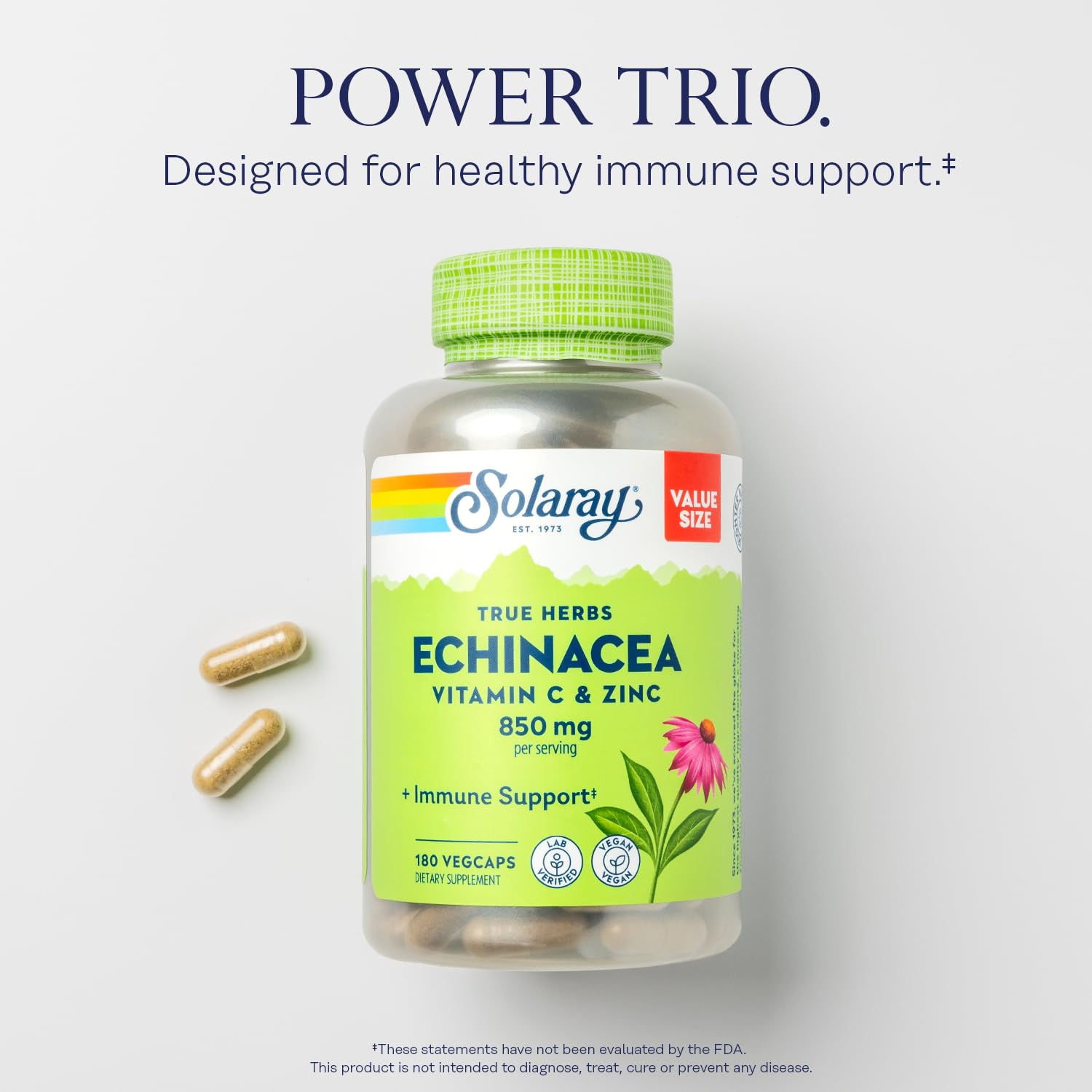 SOLARAY Echinacea Vitamin C & Zinc 850mg – Immune Support Capsules | Vegan, Lab Verified, 180 VegCaps