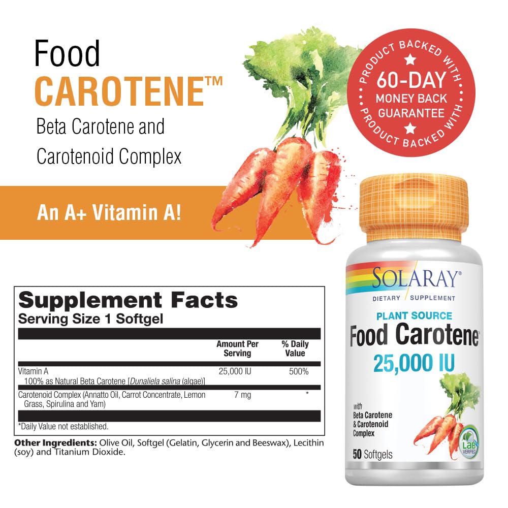 SOLARAY Food Carotene 25000IU Beta Carotene | Healthy Skin & Eyes, Immune Support | 50ct (Pack of 2)