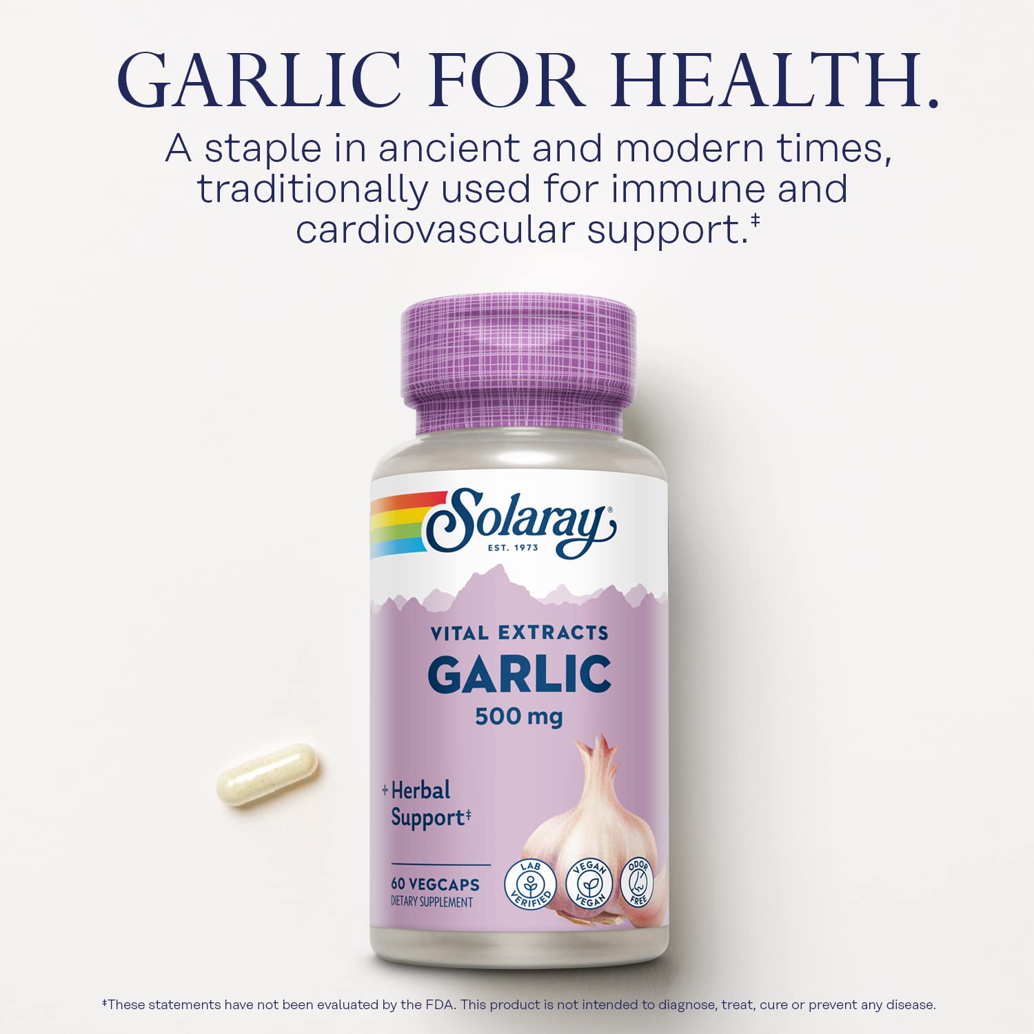 Solaray Garlic 500mg – Odorless Enteric VegCaps for Heart Health & Immunity