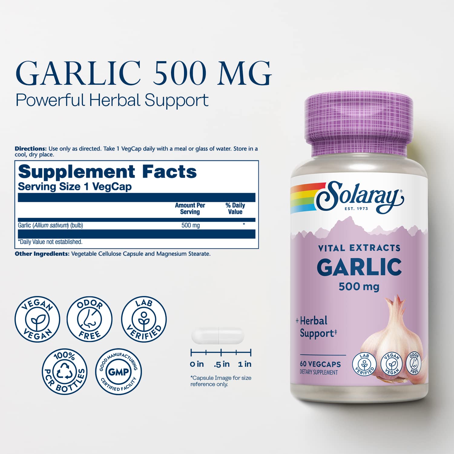 Solaray Garlic 500mg – Odorless Enteric VegCaps for Heart Health & Immunity