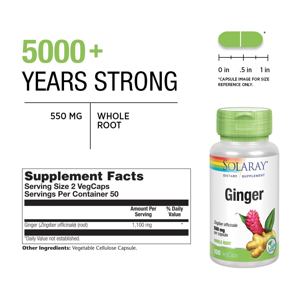 SOLARAY Ginger Root 1100mg | Healthy Digestion, Joints & Motion Support | Whole Root, Non-GMO & Vegan | 100 VegCaps