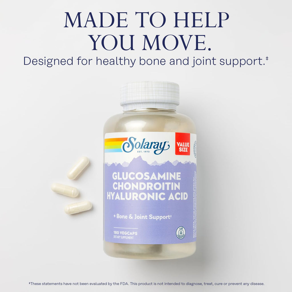 SOLARAY Glucosamine Chondroitin Hyaluronic Acid Joint Support with Vitamin C | Lab Verified, 60-Serving, 180 VegCaps