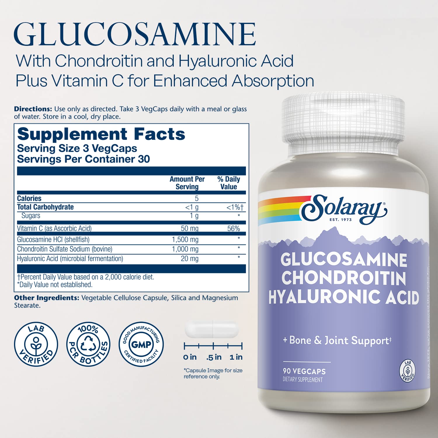 SOLARAY Glucosamine Chondroitin Hyaluronic Acid 1500/1000/20mg – 90 Capsules