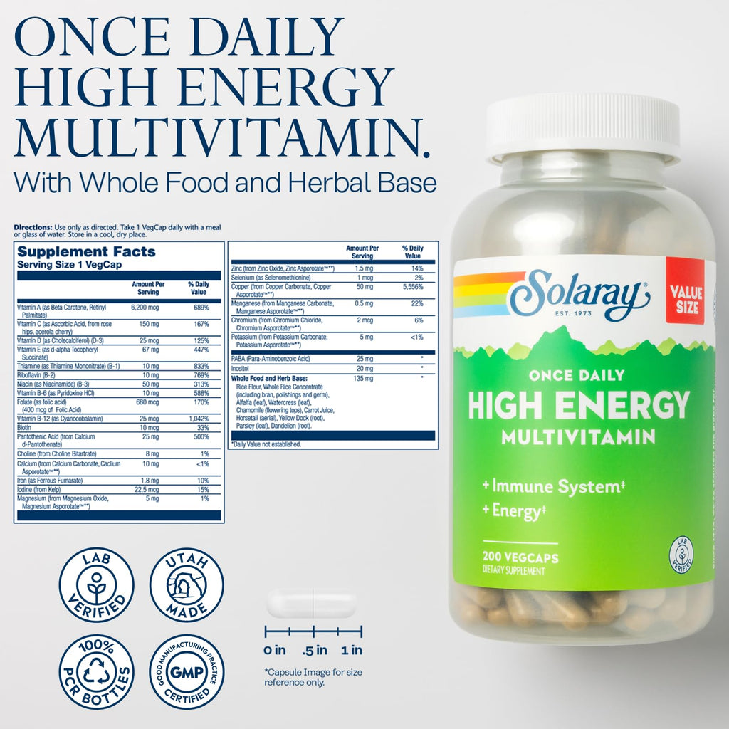 SOLARAY Once Daily High Energy Multivitamin for Women and Men — Immune Support with Vitamins C, A, D, E, B Complex | 200 VegCaps | 60-Day Guarantee