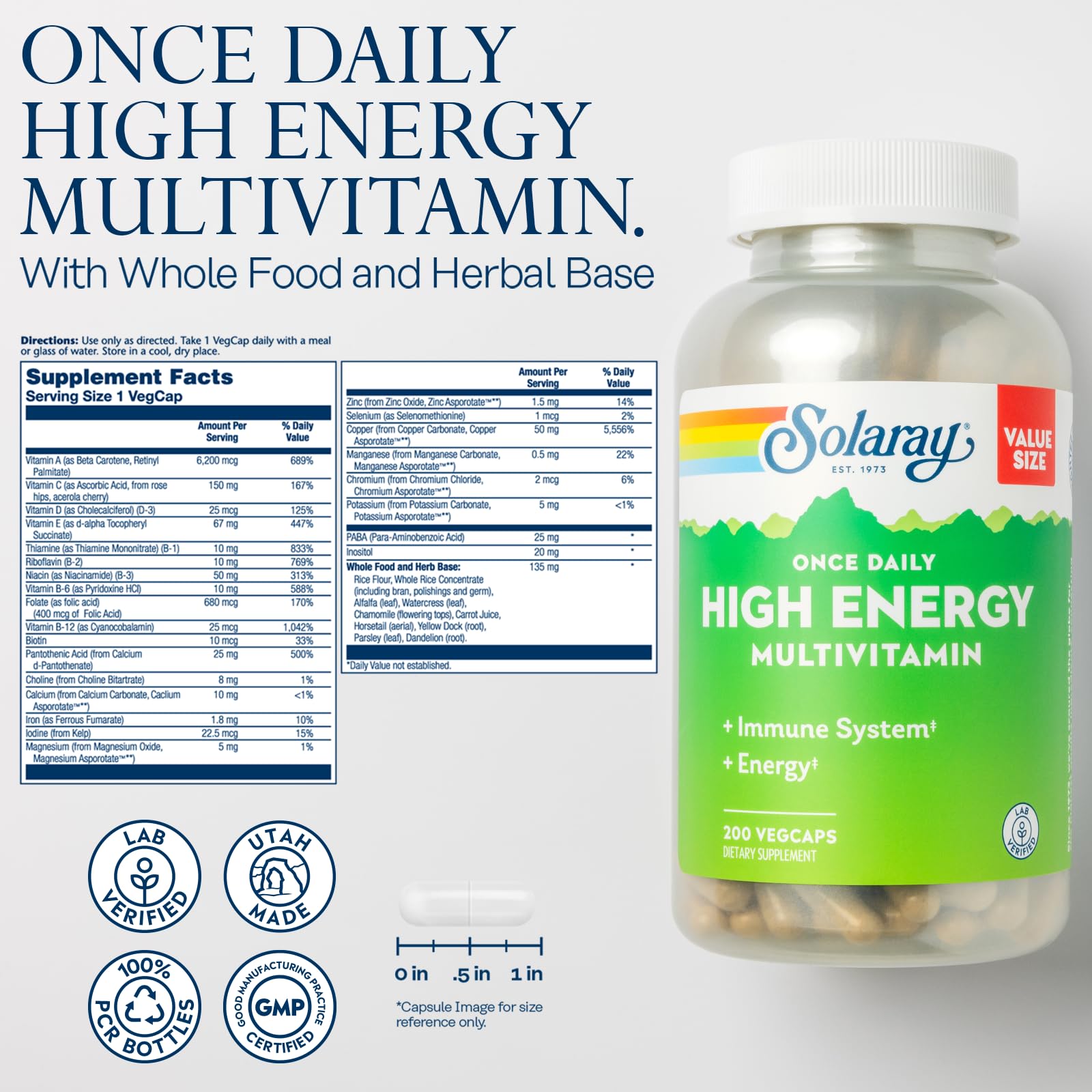 SOLARAY Once Daily High Energy Multivitamin for Women and Men — Immune Support with Vitamins C, A, D, E, B Complex | 200 VegCaps | 60-Day Guarantee
