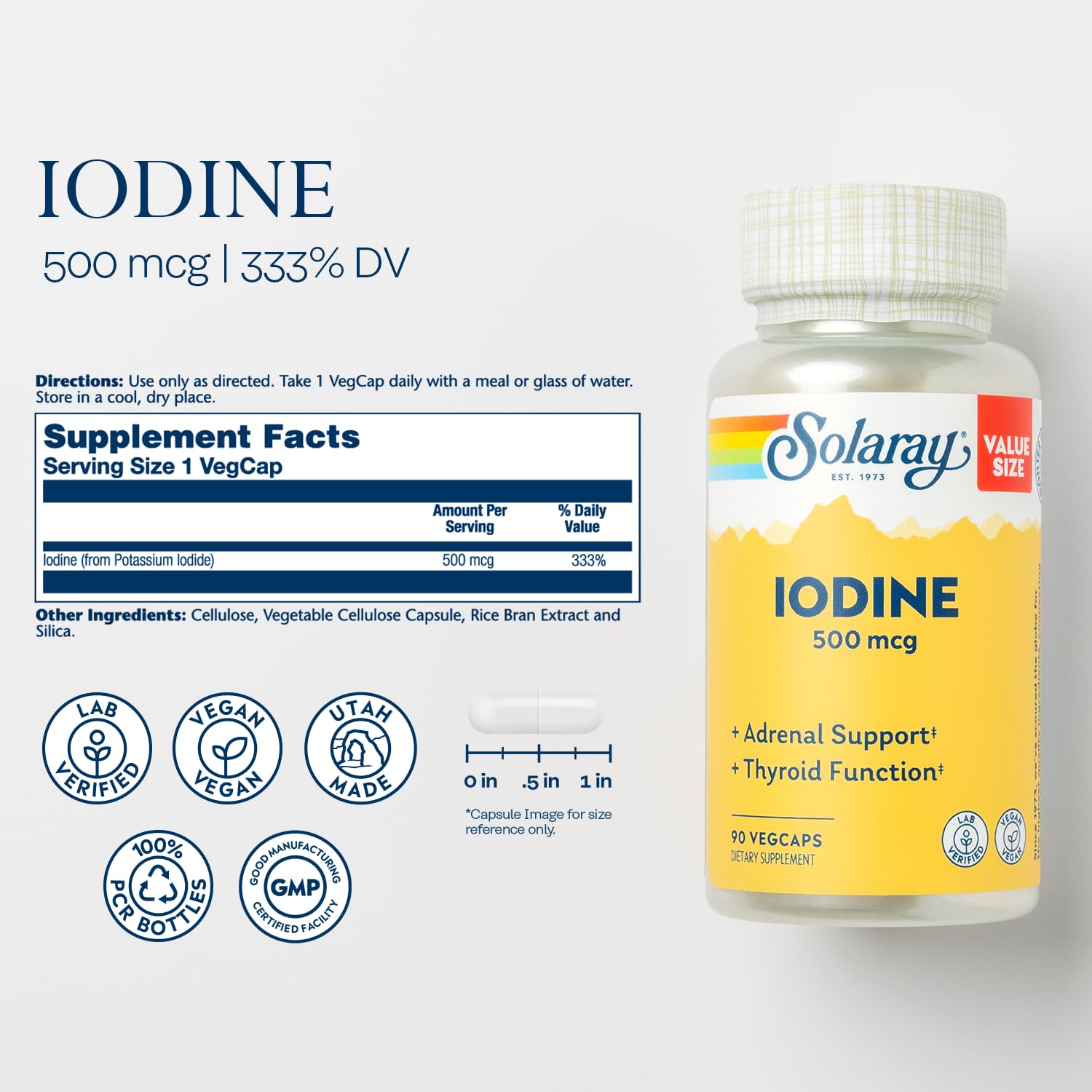 Solaray Iodine 500 mcg – Thyroid & Adrenal Support, Vegan | 90 VegCaps