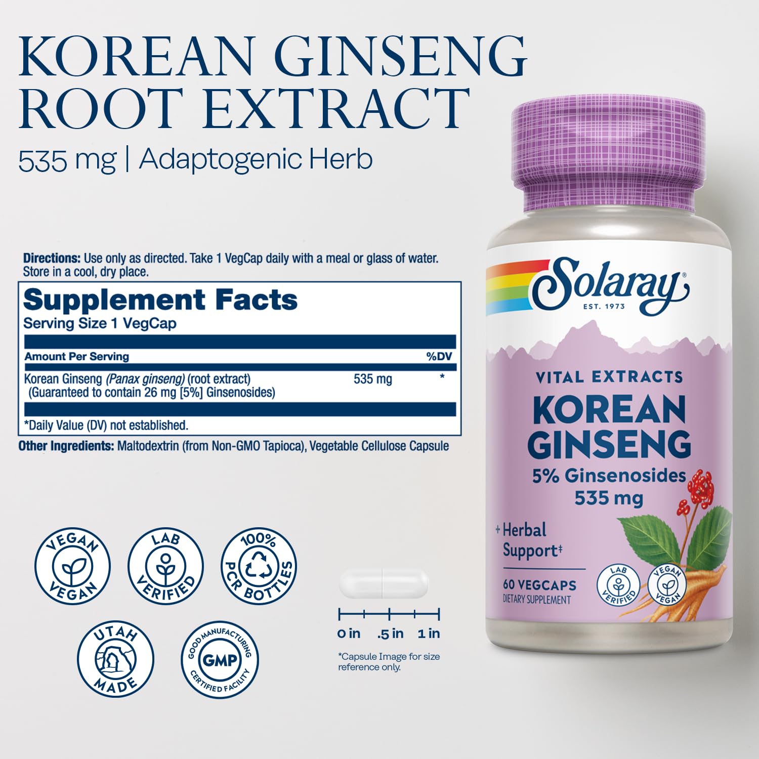 SOLARAY Korean Ginseng Root Extract - 60 Servings, 60 VegCaps | Vegan, Lab Verified