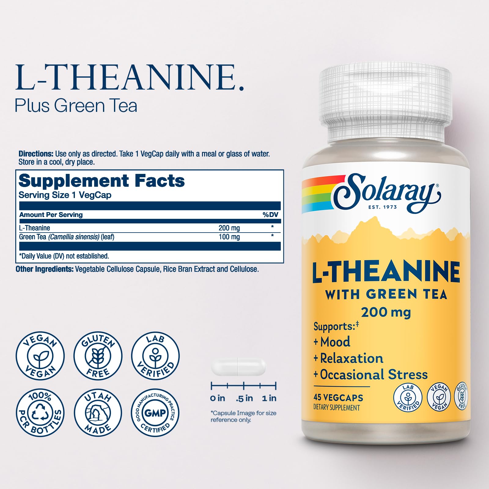 SOLARAY L-Theanine 200mg with Green Tea – Mood Support & Relaxation, 45 VegCaps