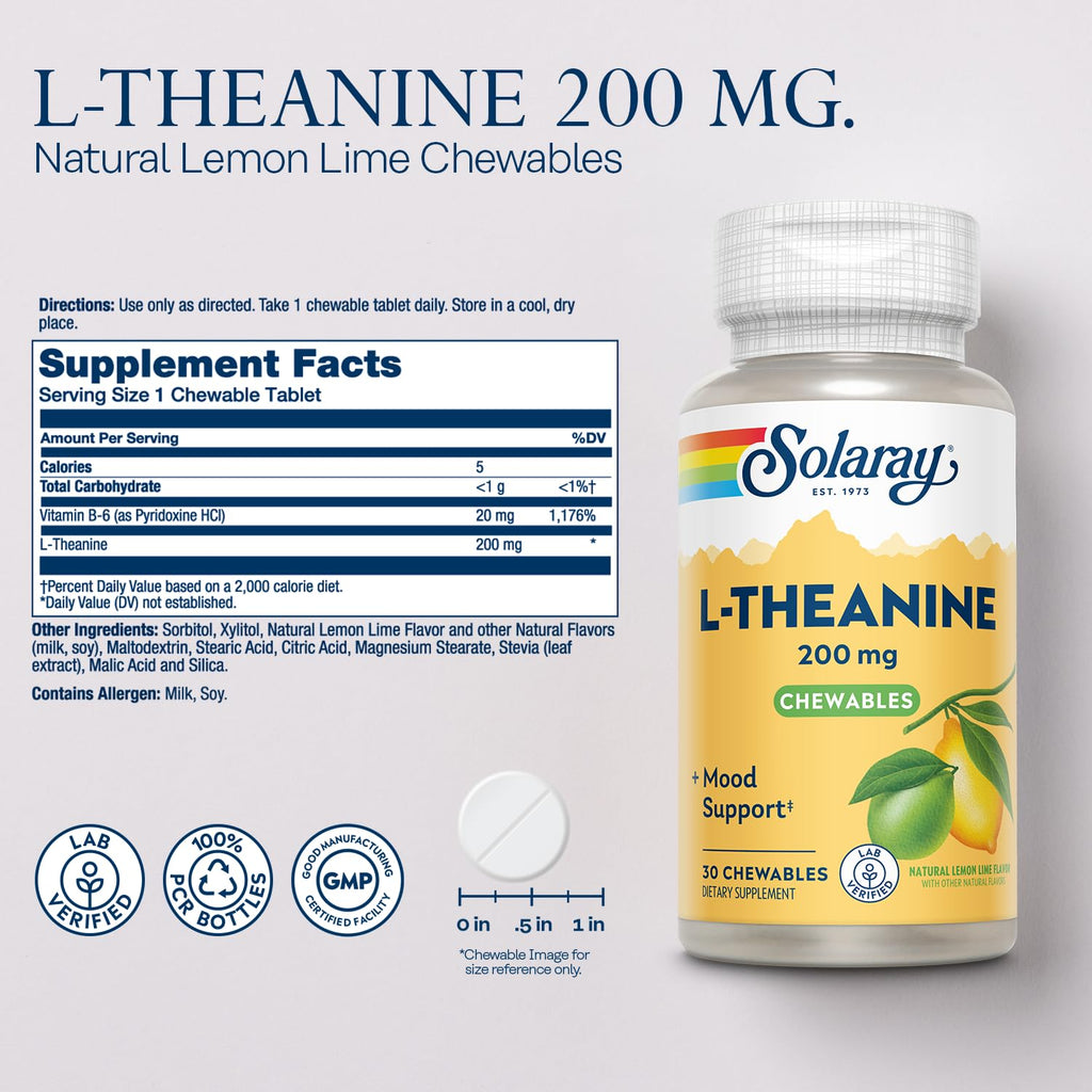 SOLARAY L-Theanine 200mg Chewables – Mood Support, Vitamin B6, Lemon Lime | 60-Day Money Back Guarantee