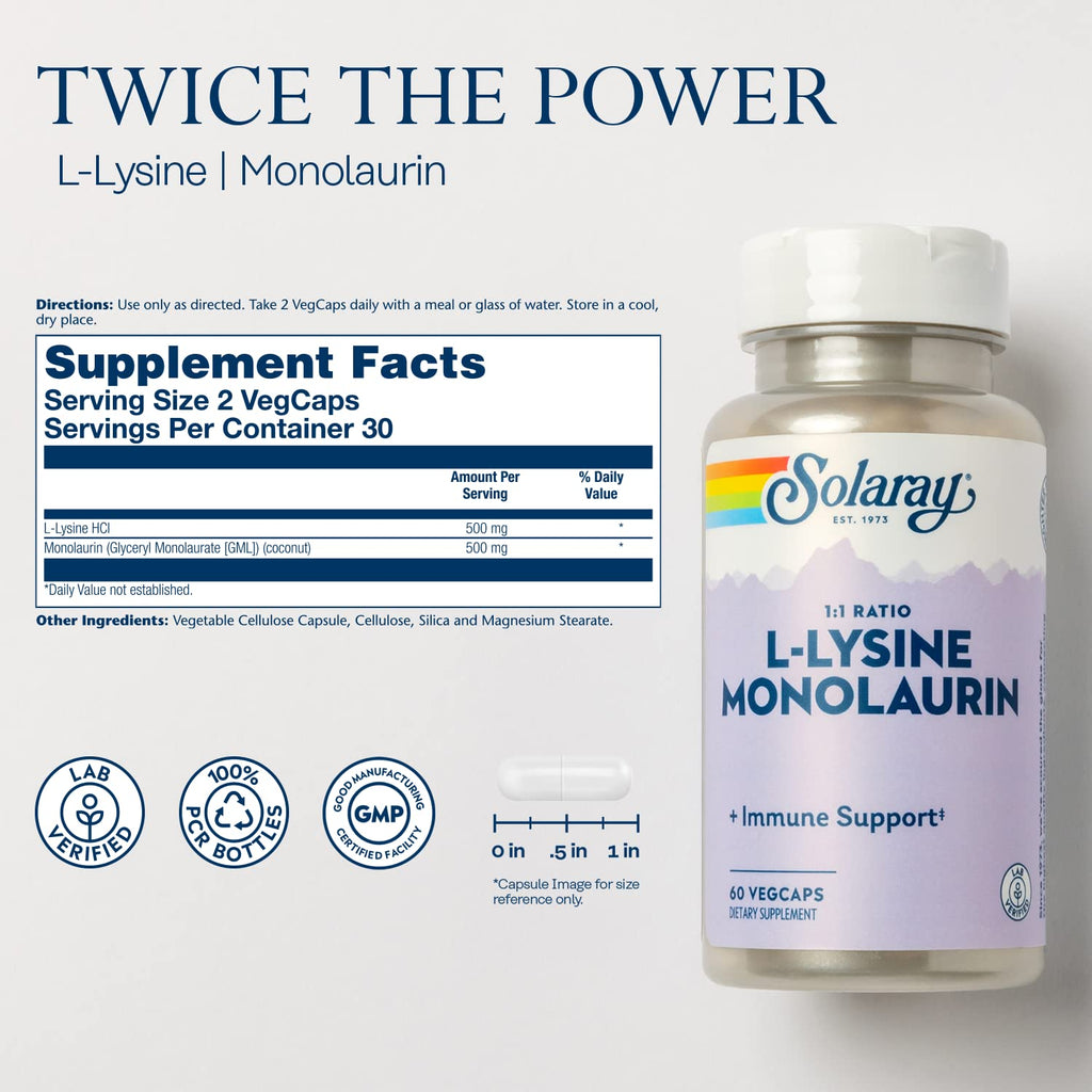 Solaray L-Lysine Monolaurin Immune Support – 500 mg, 60 VegCaps, 30 Servings