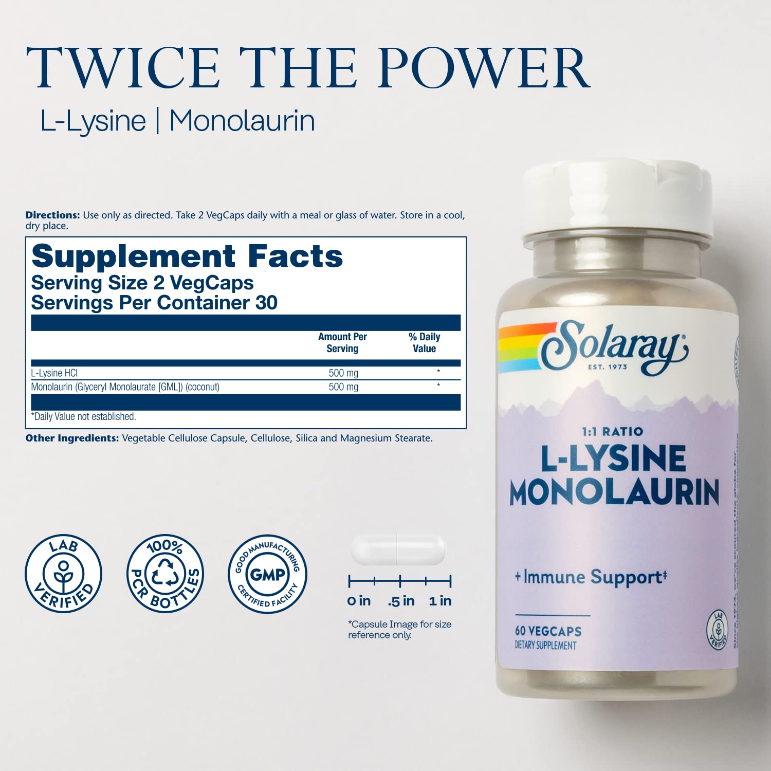 Solaray L-Lysine Monolaurin Immune Support – 500 mg, 60 VegCaps, 30 Servings