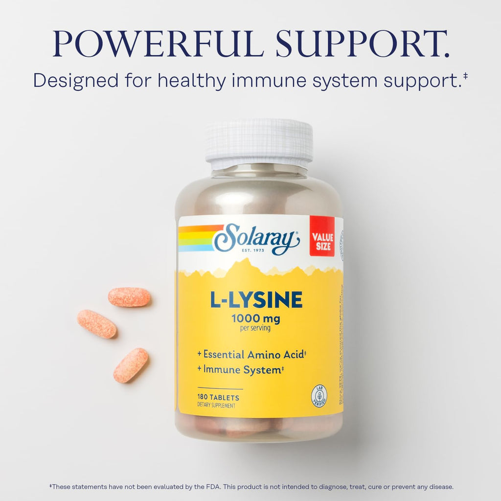 SOLARAY L-Lysine 1000 mg – Free-Form Immune Support with Vitamin C 1000 mg & Zinc 25 mg | 60 Servings, 180 Tablets