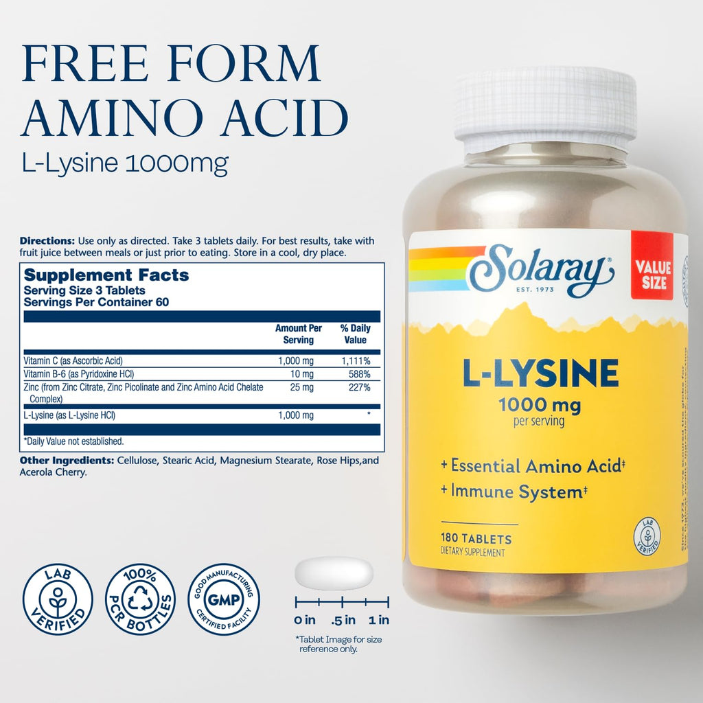 SOLARAY L-Lysine 1000 mg – Free-Form Immune Support with Vitamin C 1000 mg & Zinc 25 mg | 60 Servings, 180 Tablets