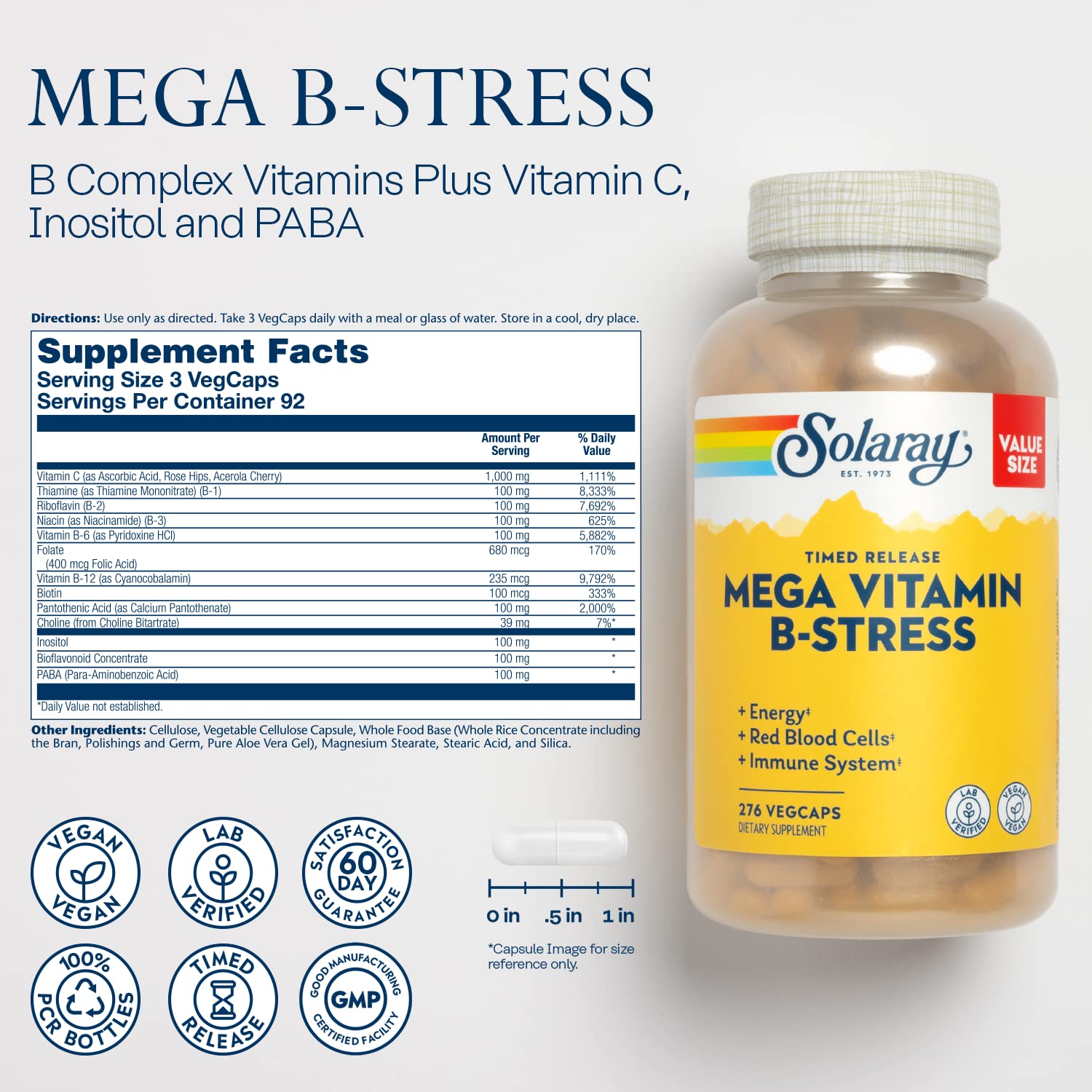 SOLARAY Mega Vitamin B-Stress — Timed Release B-Complex with B12, B6, Folic Acid & Vitamin C | Vegan, 60-Day Guarantee
