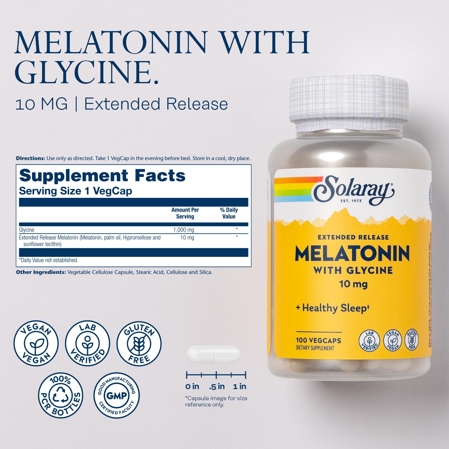 SOLARAY Melatonin 10mg with Glycine – Extended Release Sleep Support, Vegan & Gluten Free | 100 Servings, 100 VegCaps