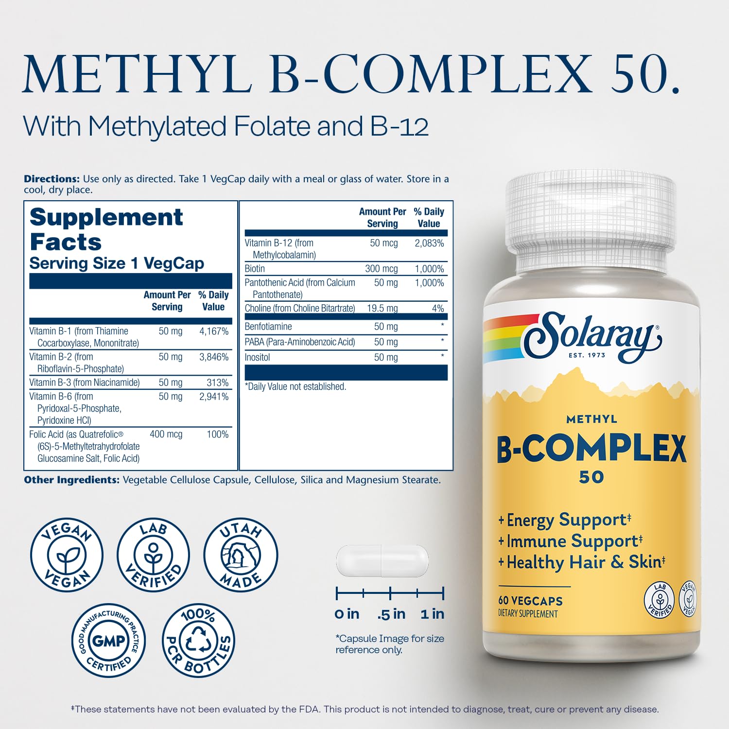 Solaray Methyl B Complex 50mg – Vitamin B12, B6, B1 – 60 Servings, Vegan