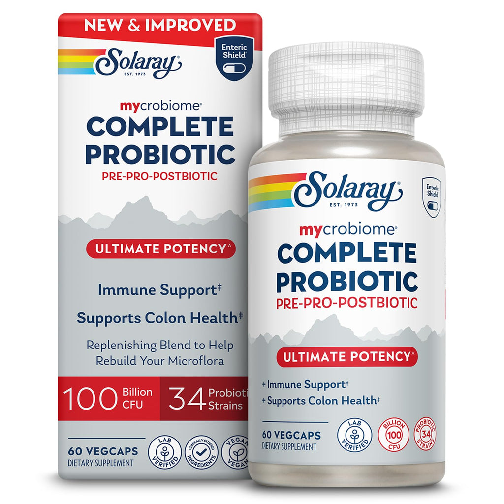 SOLARAY Mycrobiome Complete Probiotic Ultimate Potency – 100B CFU, 34 Strains, 60 VegCaps, Vegan