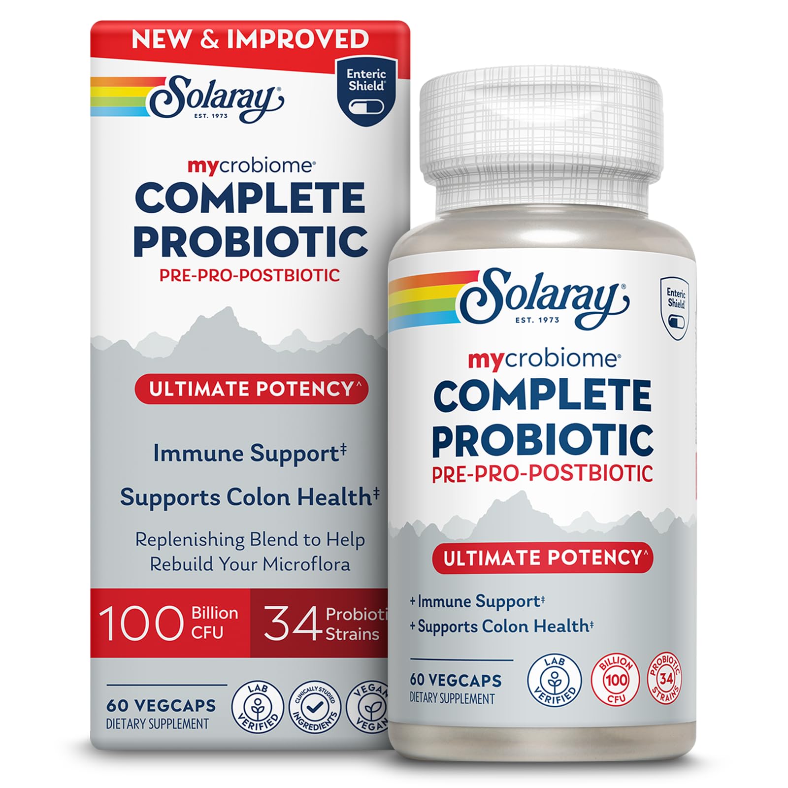 SOLARAY Mycrobiome Complete Probiotic Ultimate Potency – 100B CFU, 34 Strains, 60 VegCaps, Vegan