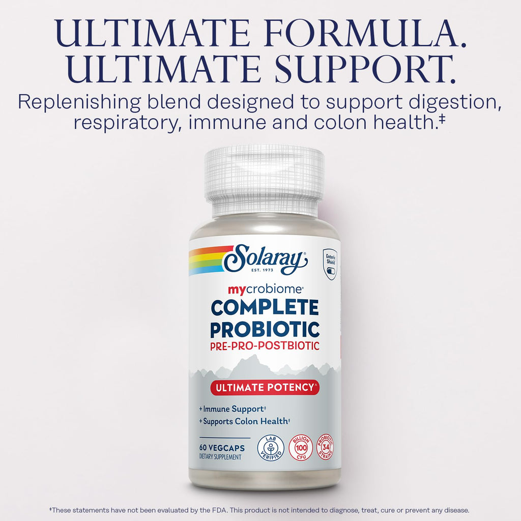SOLARAY Mycrobiome Complete Probiotic Ultimate Potency – 100B CFU, 34 Strains, 60 VegCaps, Vegan