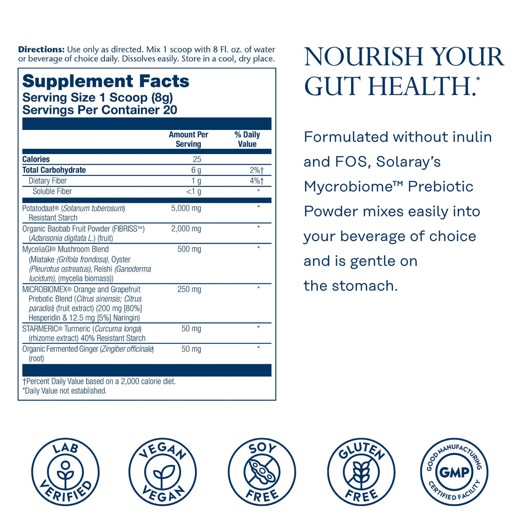 SOLARAY Mycrobiome Prebiotic Powder - Digestive Health Support, 20 Servings (5.64 oz)