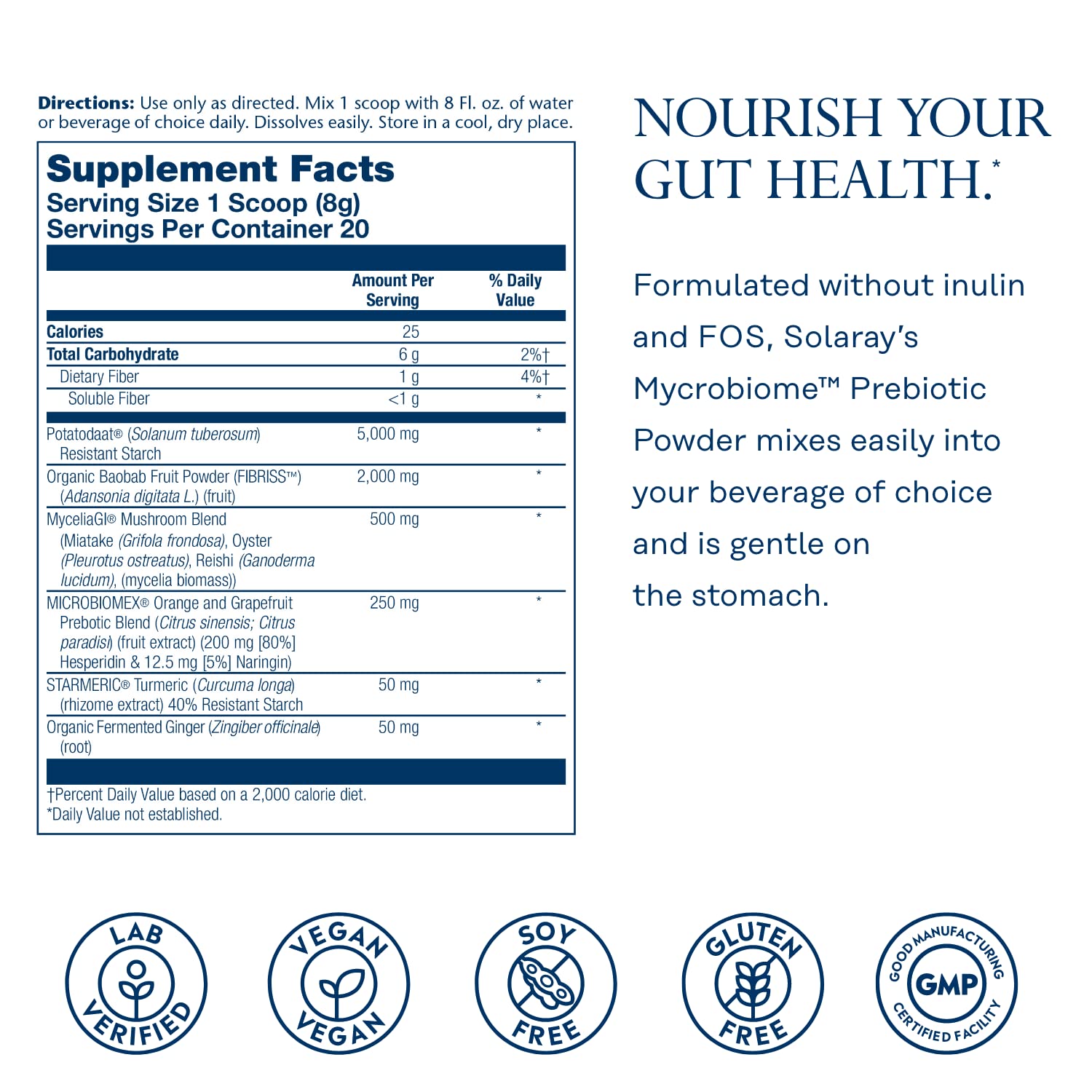 SOLARAY Mycrobiome Prebiotic Powder - Digestive Health Support, 20 Servings (5.64 oz)