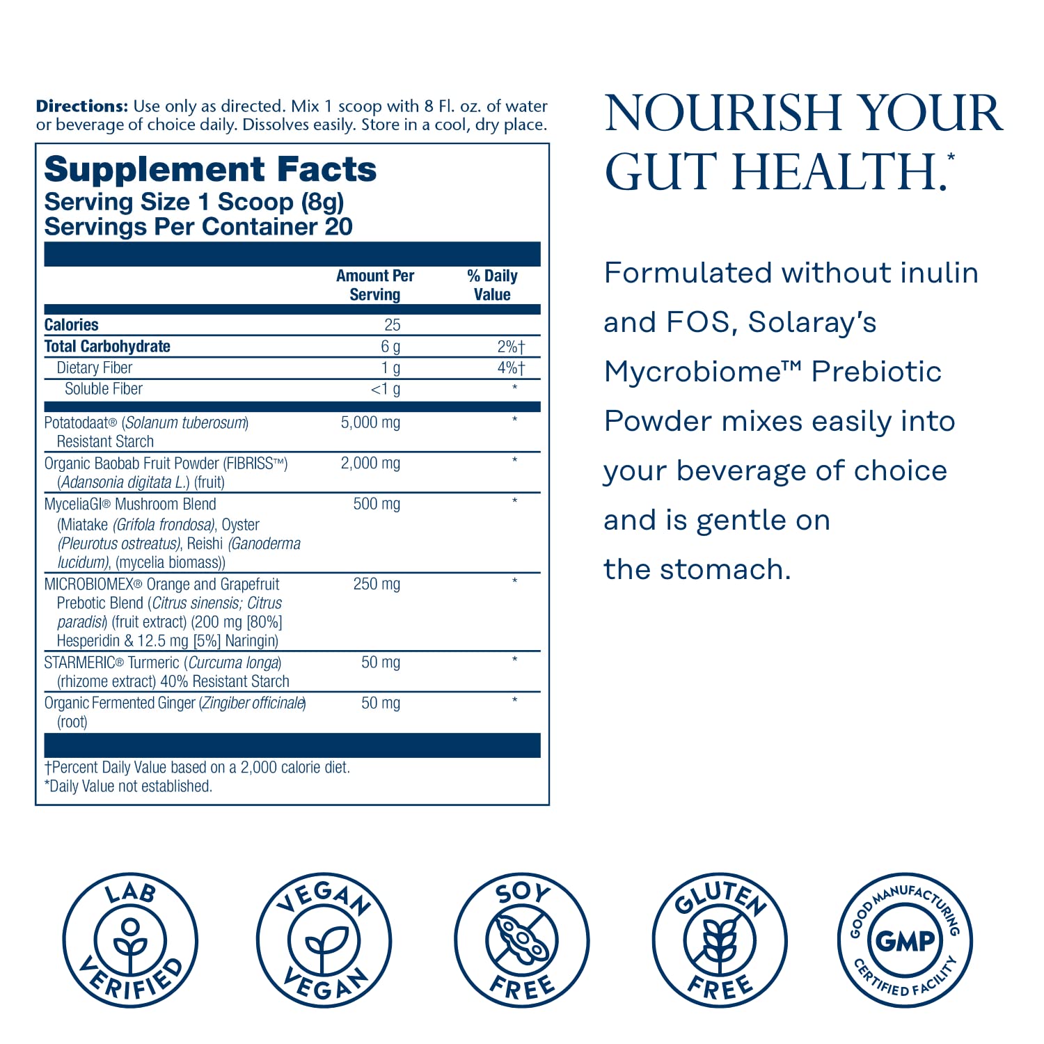 SOLARAY Mycrobiome Prebiotic Powder - Gut Health & Citrus Flavor, 20 Servings