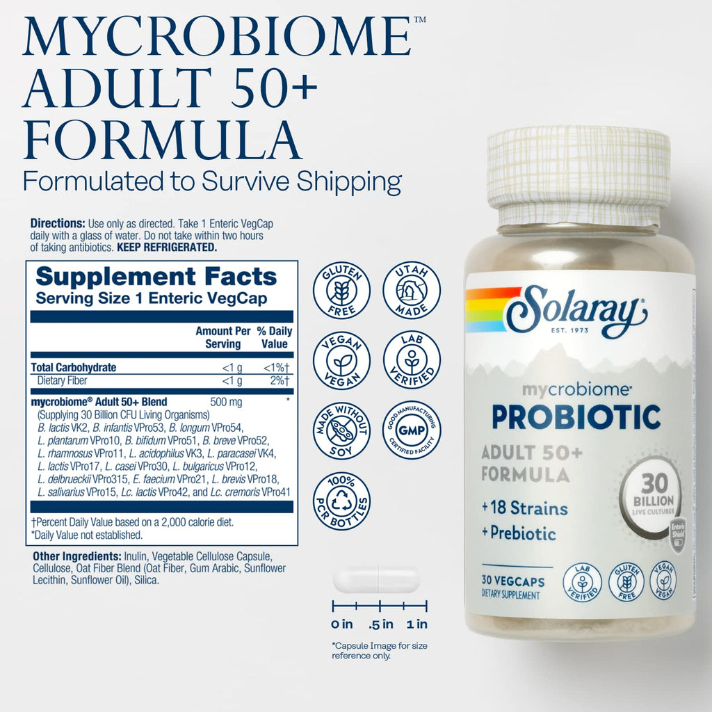 SOLARAY Mycrobiome Probiotic Adult 50+ Formula | 30B CFU, 18 Strains, 30 Servings, VegCaps