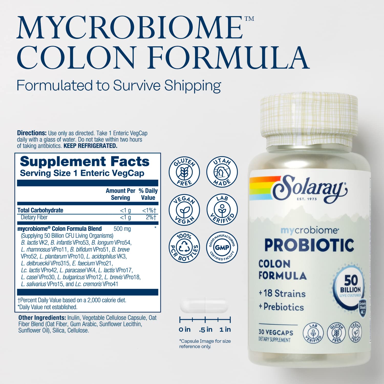 SOLARAY Mycrobiome Probiotic Colon Formula – 50B CFU, 18 Strains, Vegan