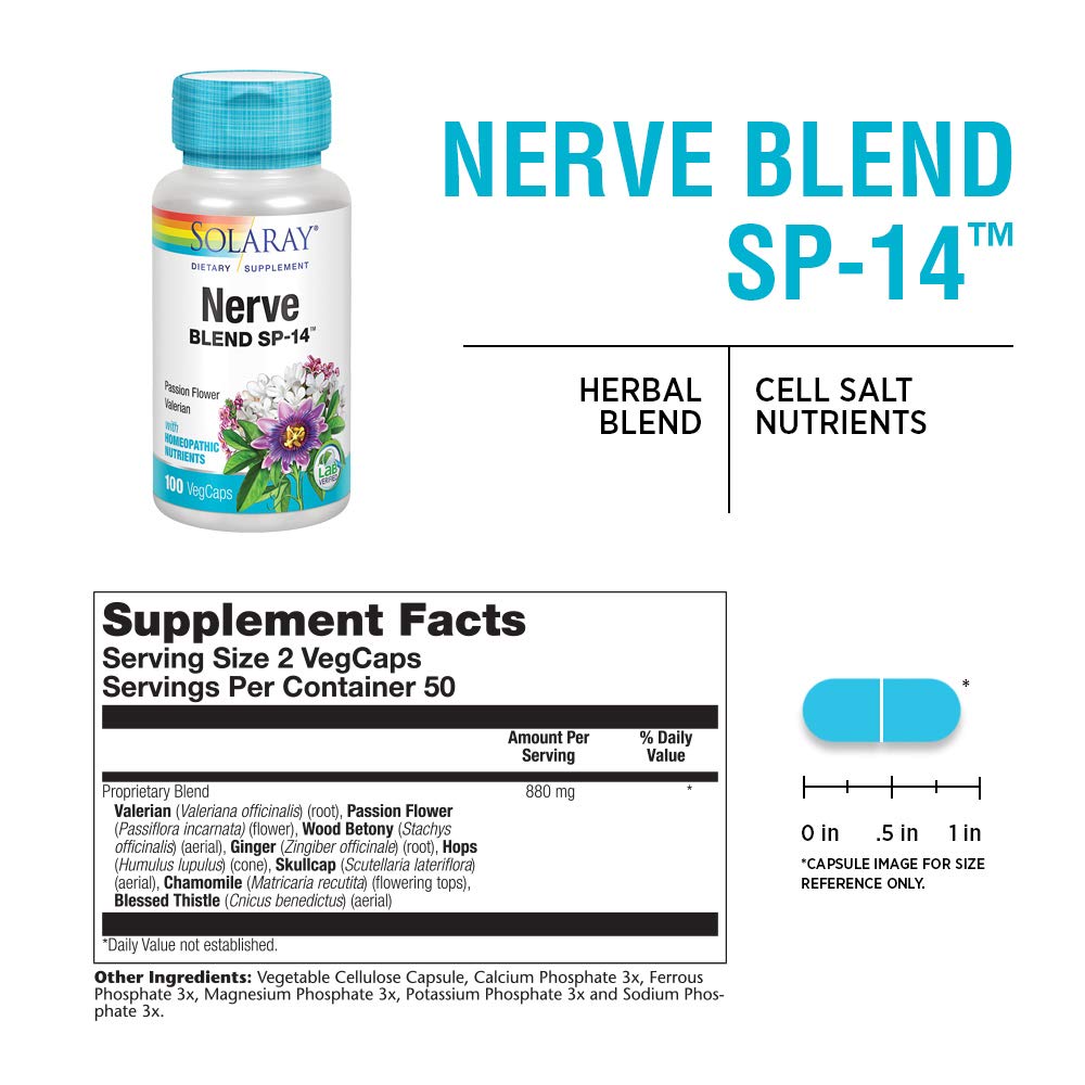 SOLARAY Nerve Blend SP-14 | Homeopathic Nutrients | Calming & Sleep Support | 50 Serv | 100 VegCaps
