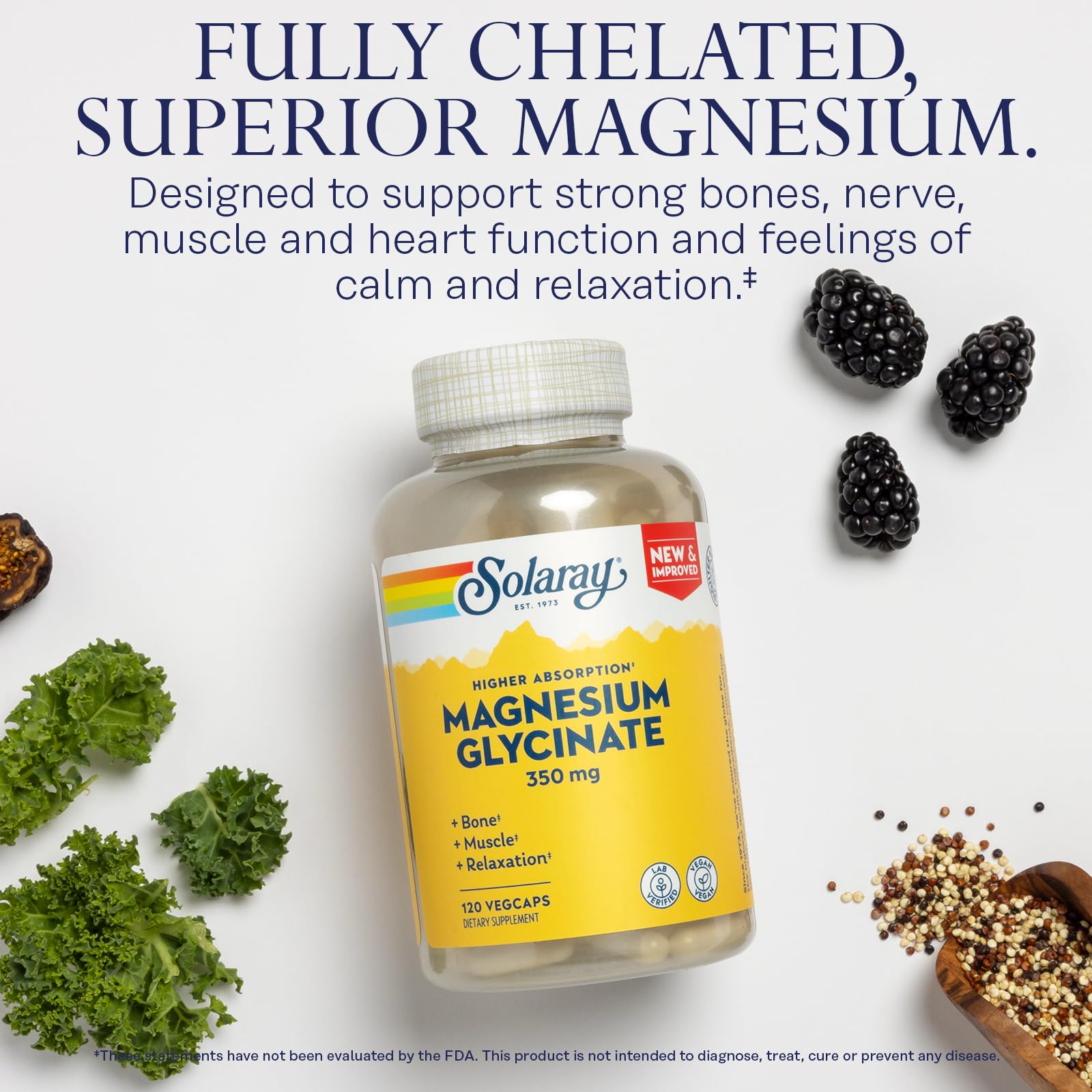 SOLARAY Magnesium Glycinate Capsules – Chelated Bisglycinate with BioPerine (Vegan, 120 VegCaps)
