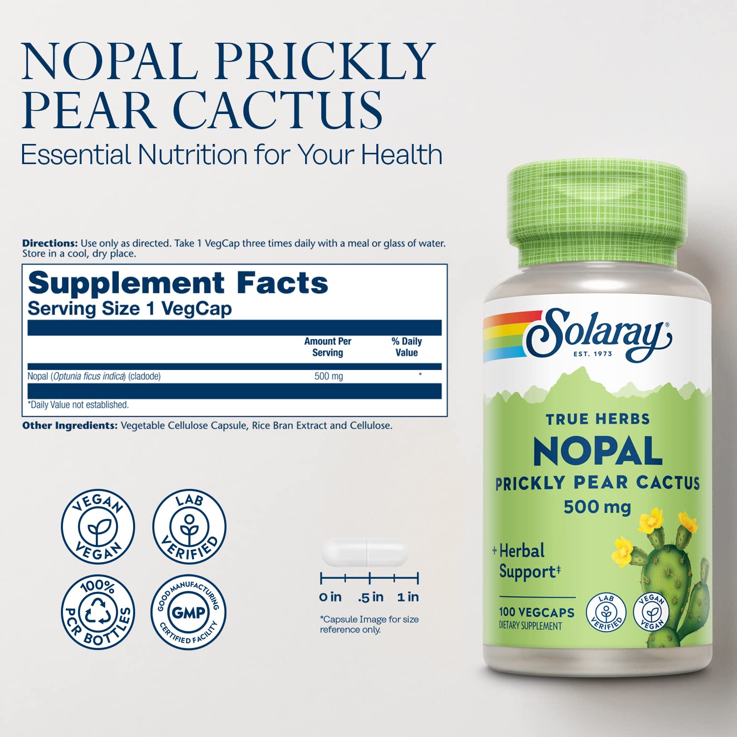 Solaray Nopal Prickly Pear Cactus 500 mg | Vegan Capsule with Fiber & Antioxidants | 100 Servings