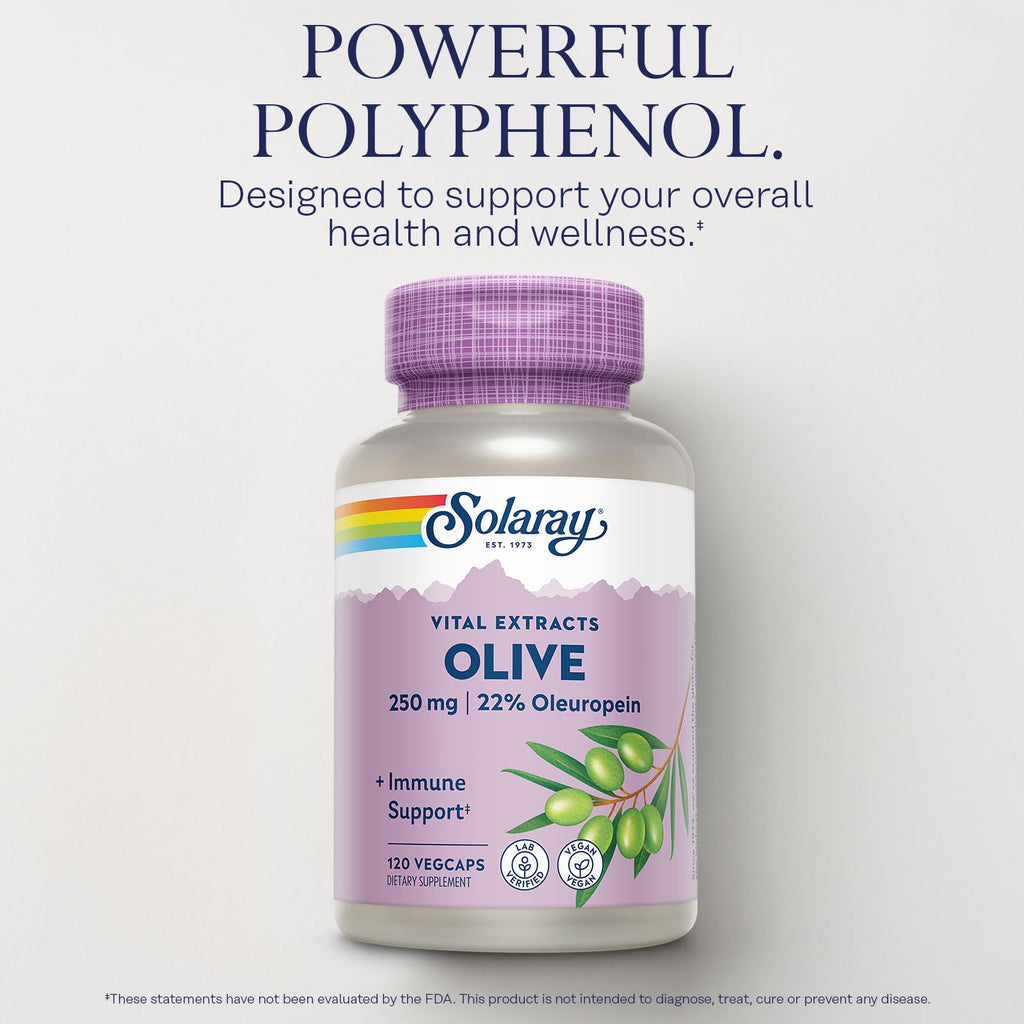 SOLARAY Olive Leaf Extract 250mg Capsules - 22% Oleuropein, Lemon Balm, Vegan, 120 Servings