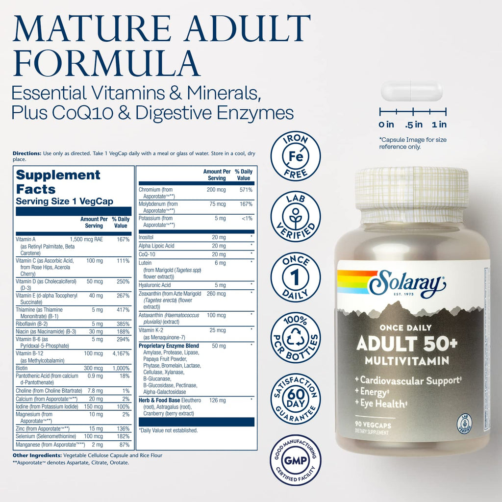 Solaray Once Daily 50+ Multivitamin for Women & Men – Iron Free, CoQ10, Lutein, 90 VegCaps