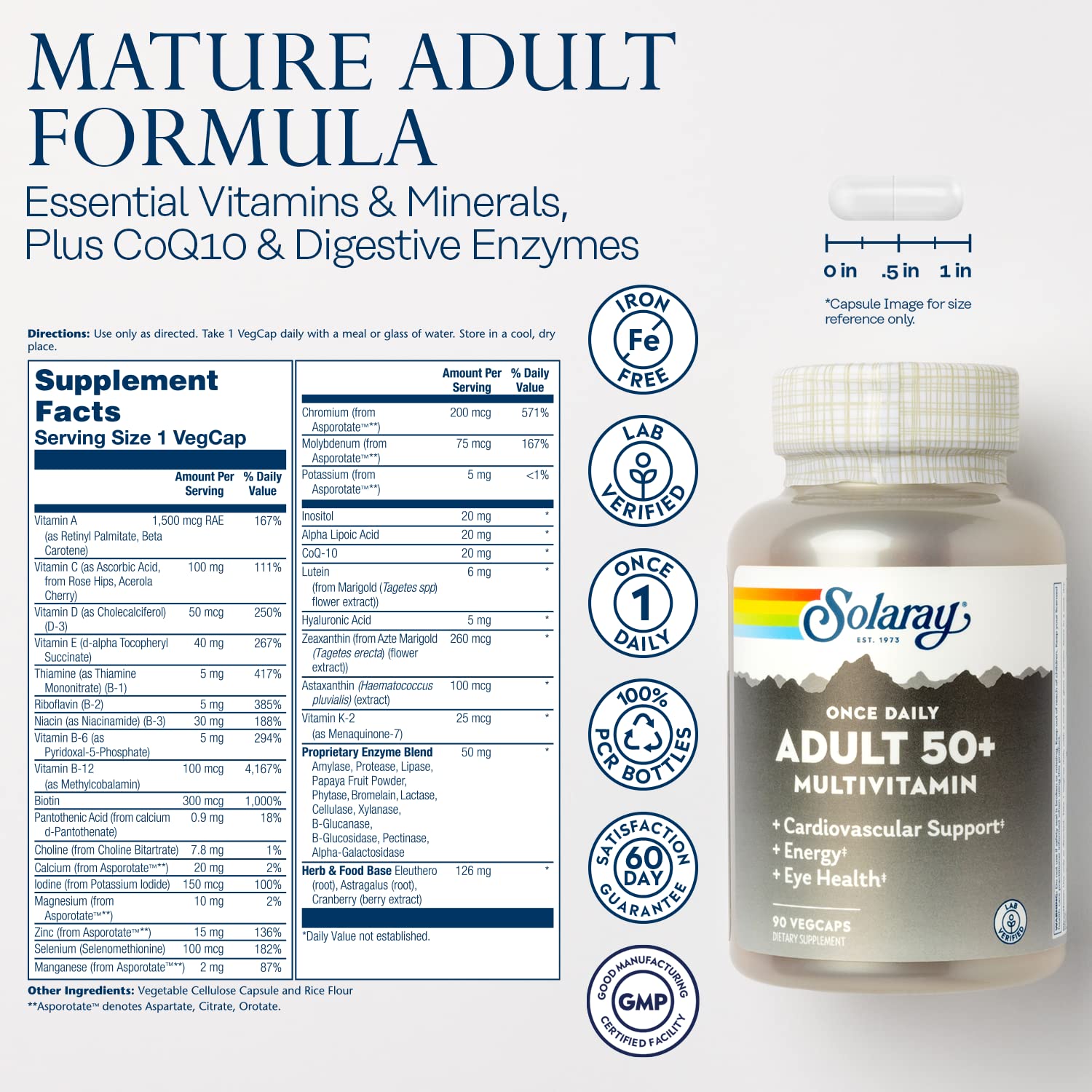 Solaray Once Daily 50+ Multivitamin for Women & Men – Iron Free, CoQ10, Lutein, 90 VegCaps