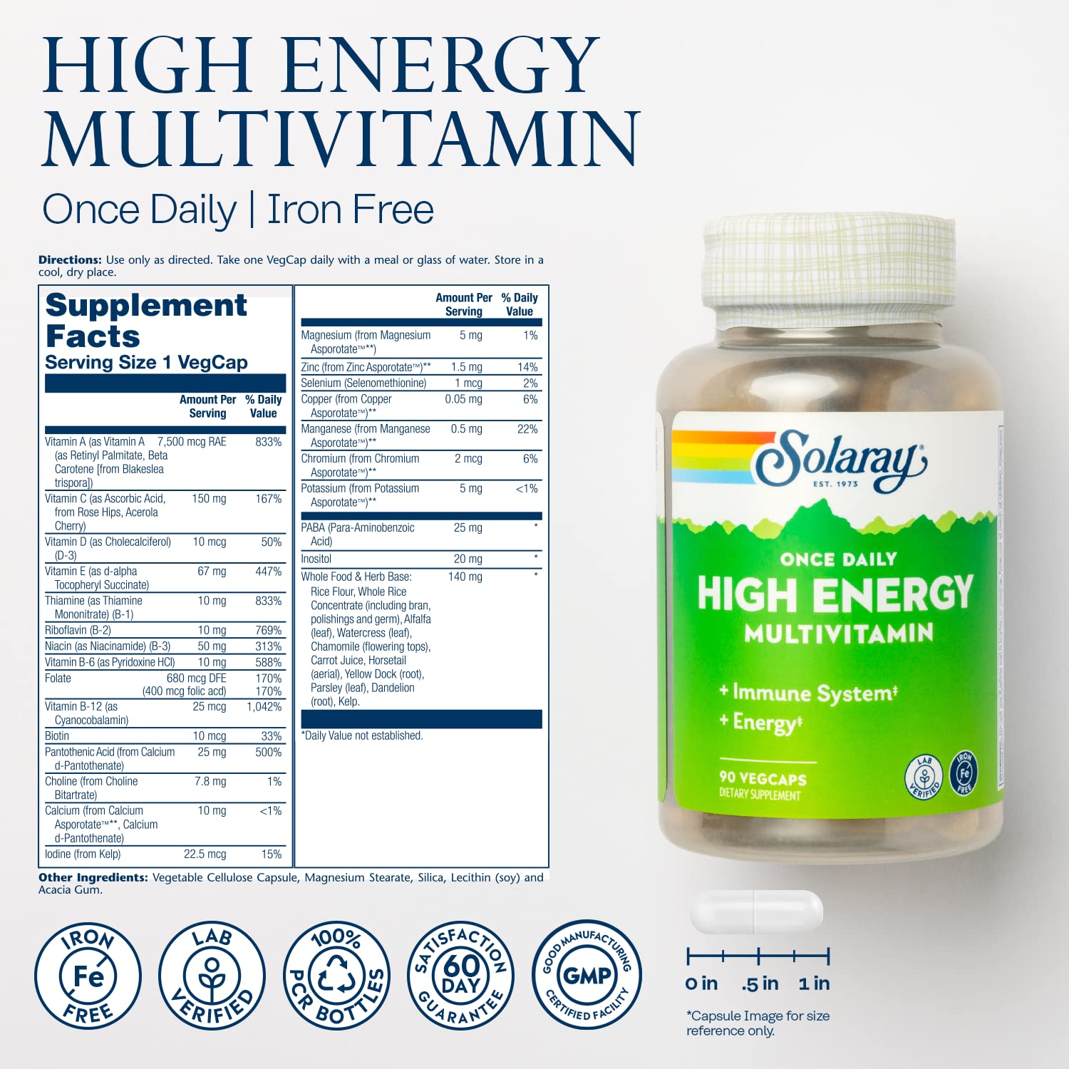 SOLARAY Once Daily High Energy Multivitamin - Iron Free, Immune & Energy Support | 90 Servings