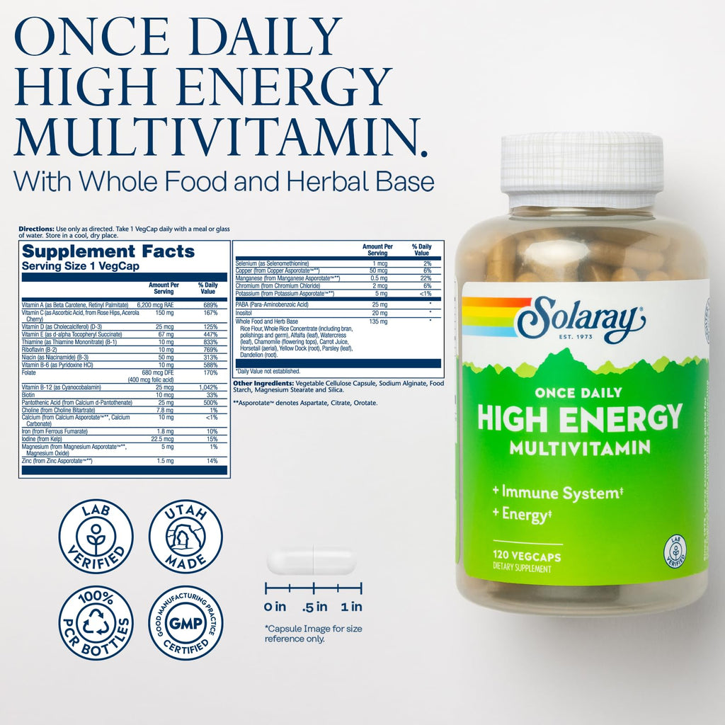 Solaray Once Daily High Energy Multivitamin for Women & Men – Immune Support, B Complex, Vitamins C, D, E | 120 VegCaps