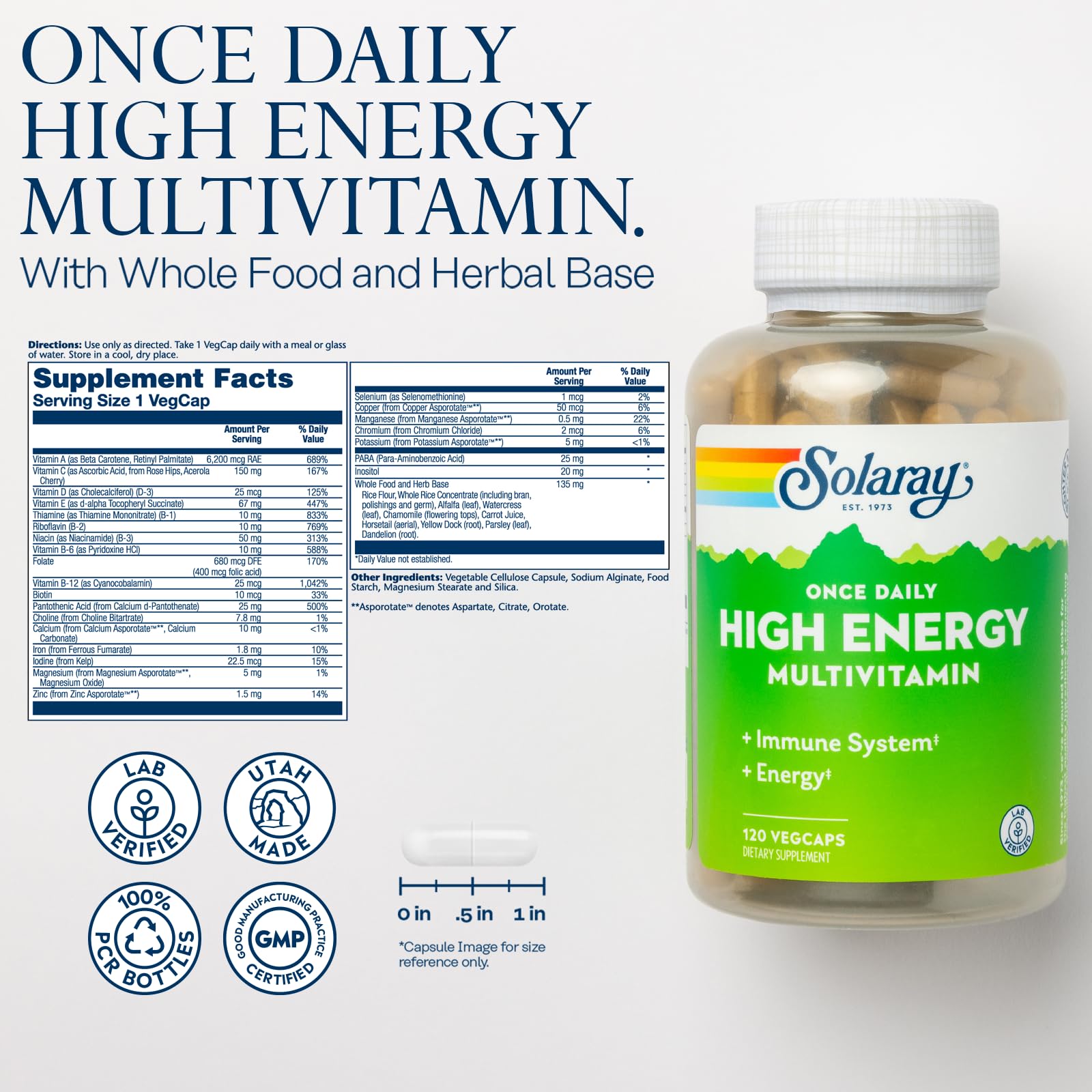 Solaray Once Daily High Energy Multivitamin for Women & Men – Immune Support, B Complex, Vitamins C, D, E | 120 VegCaps