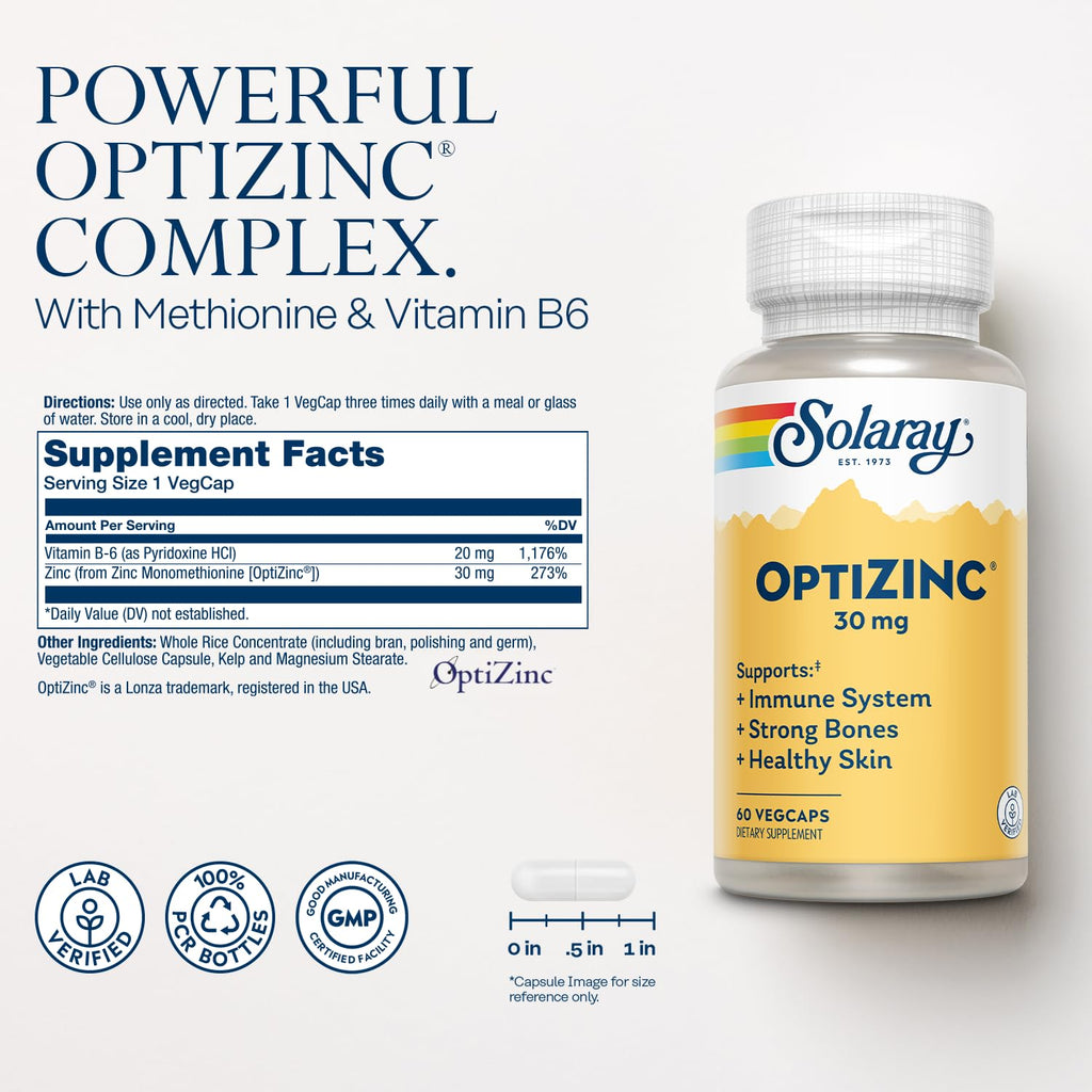 SOLARAY OptiZinc 30mg Immune Support - Zinc with Vitamin B6 | High Absorption | 60 VegCaps