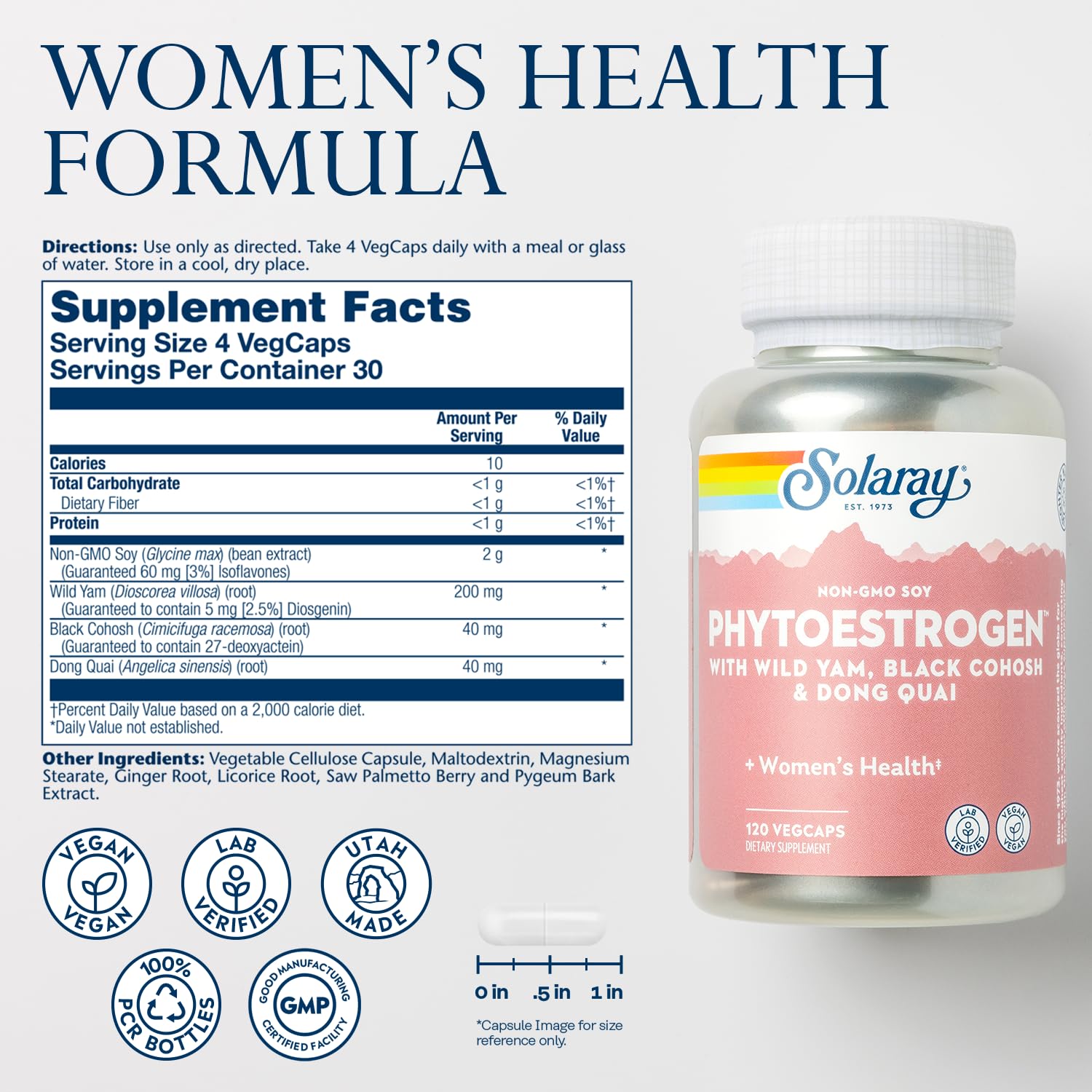 SOLARAY PhytoEstrogen Menopause Supplements – Vegan, Lab-Verified with Wild Yam, Black Cohosh & Dong Quai