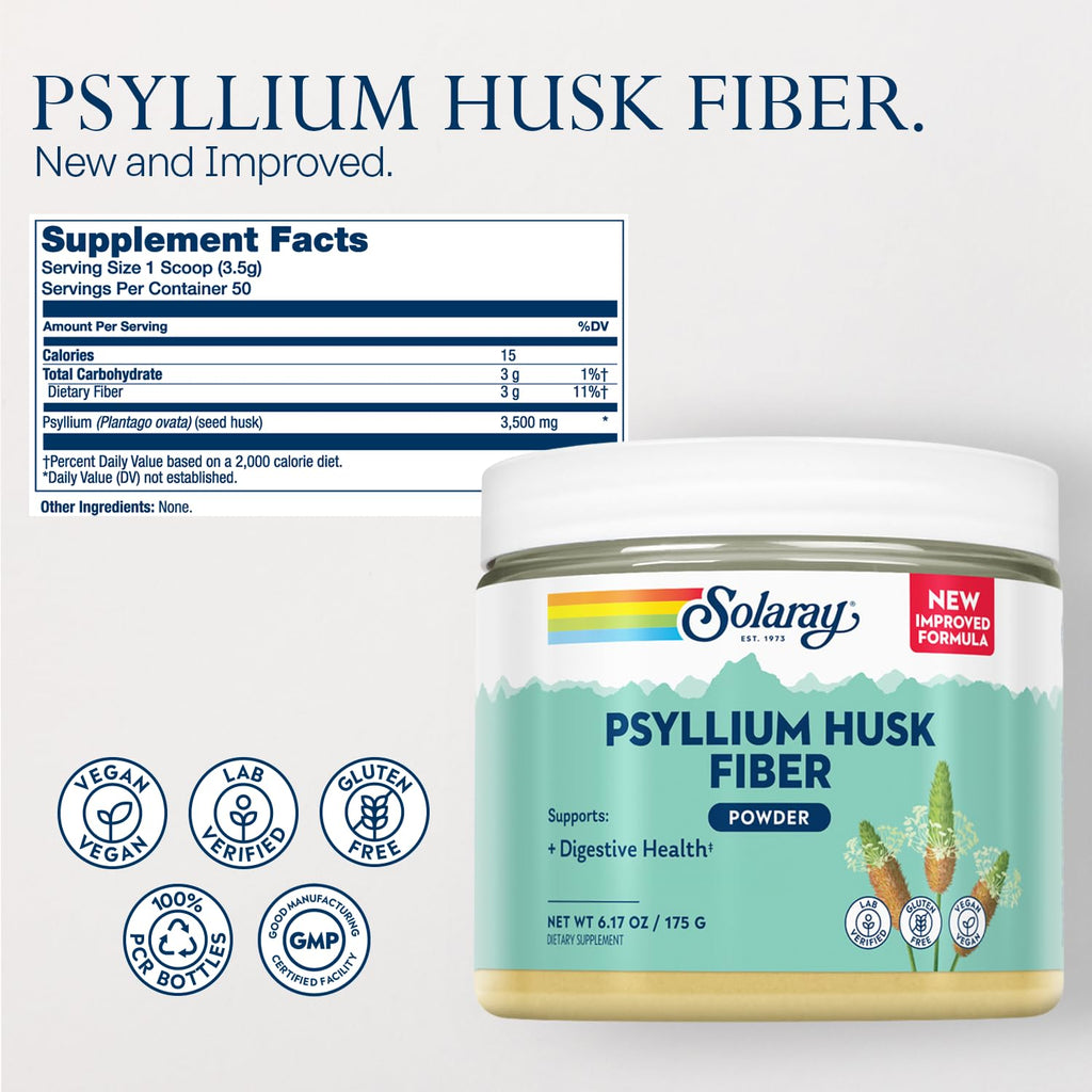 SOLARAY Psyllium Husk Powder - 3 g Soluble Fiber, Gluten Free & Soy Free | 50 Servings