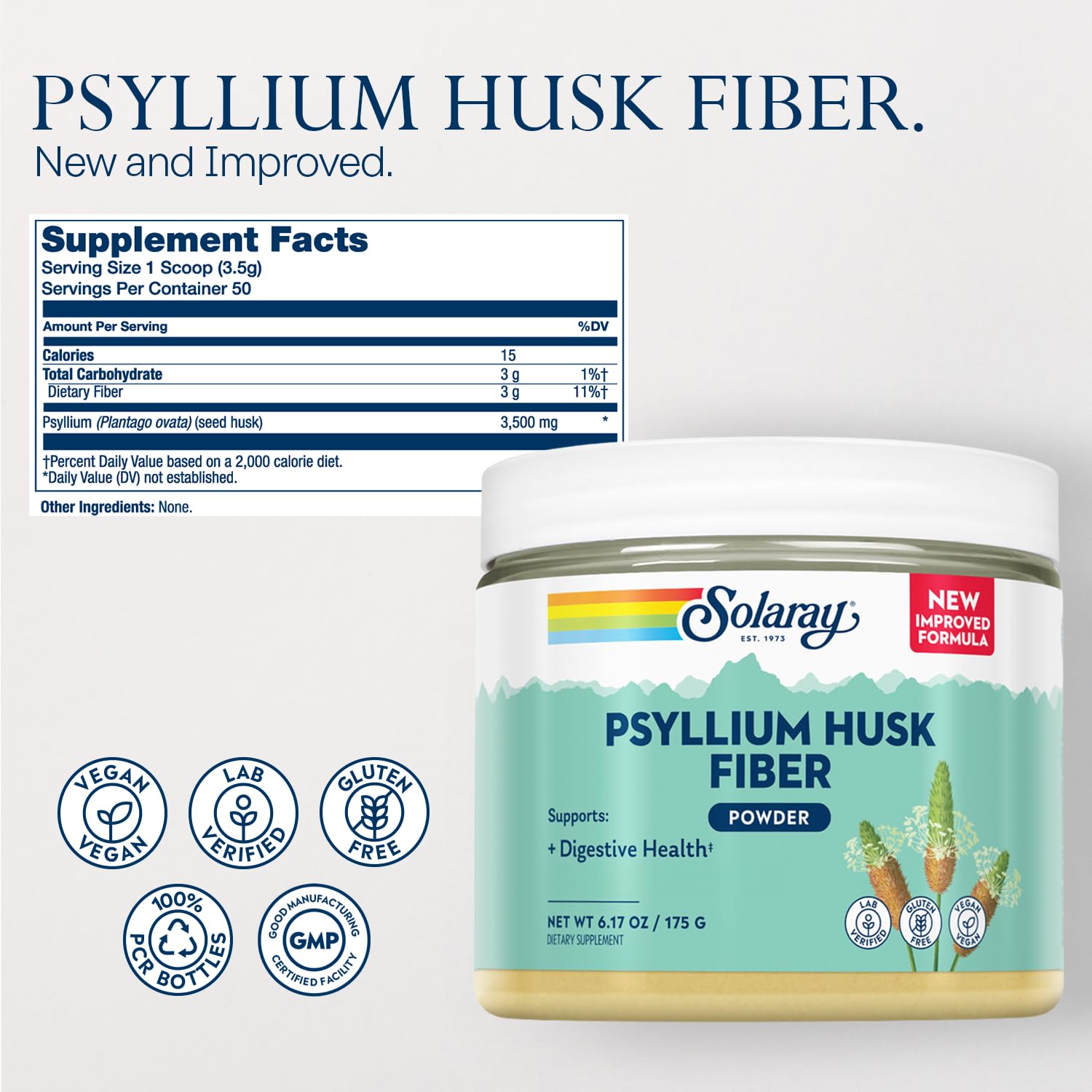 SOLARAY Psyllium Husk Powder - 3 g Soluble Fiber, Gluten Free & Soy Free | 50 Servings