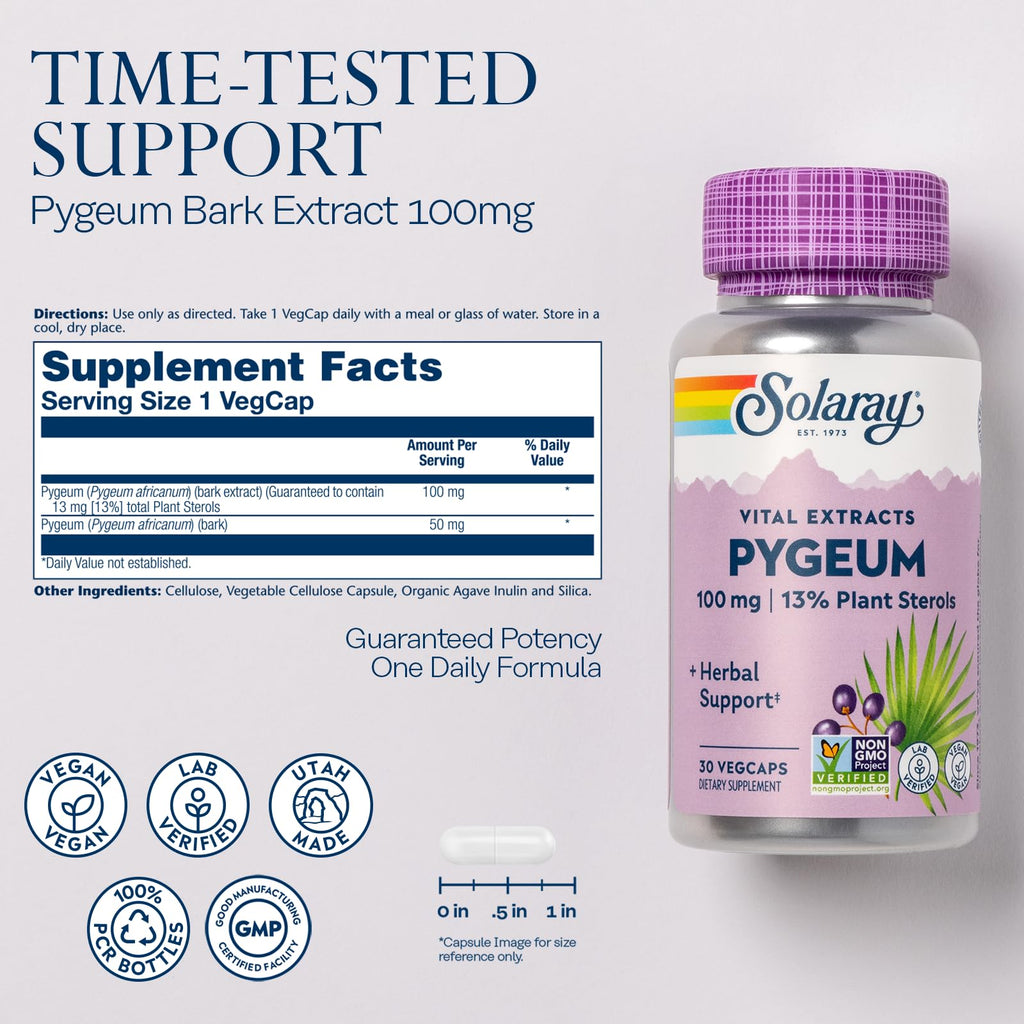 SOLARAY Pygeum Bark Extract 100mg – Prostate Support, 13 mg Plant Sterols, Vegan, 30 Servings, 60-Day Guarantee