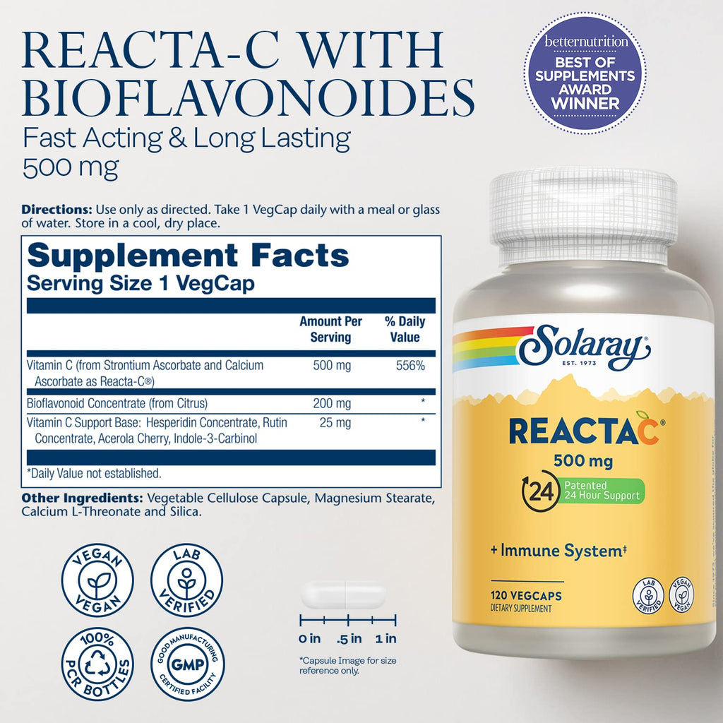 SOLARAY Reacta-C with 500mg Vitamin C - Immune Support, 24 Hour Immunity Booster, Vegan, 120 Capsules