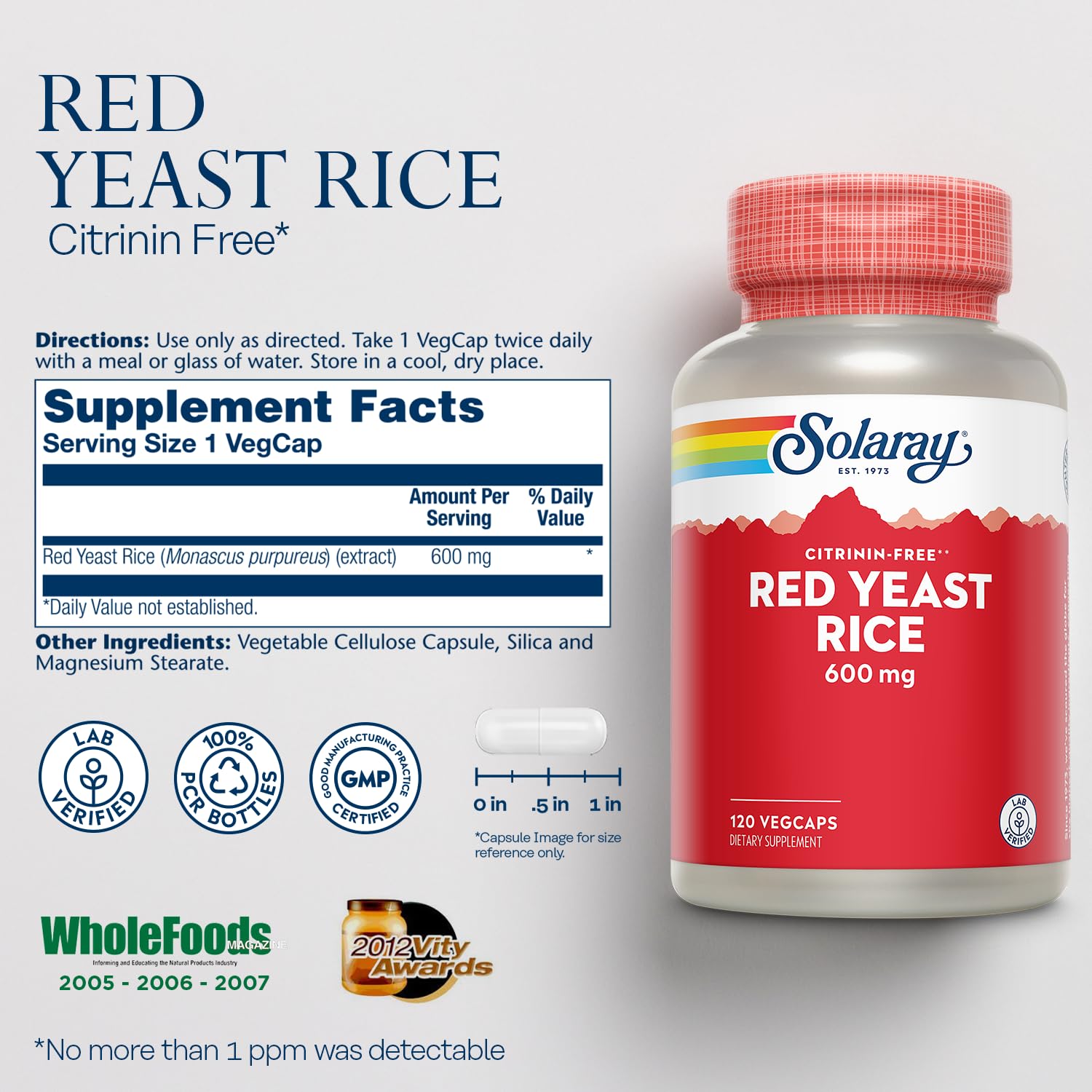 SOLARAY Red Yeast Rice 600mg – Non-Irradiated, Citrinin Free, 120 VegCaps