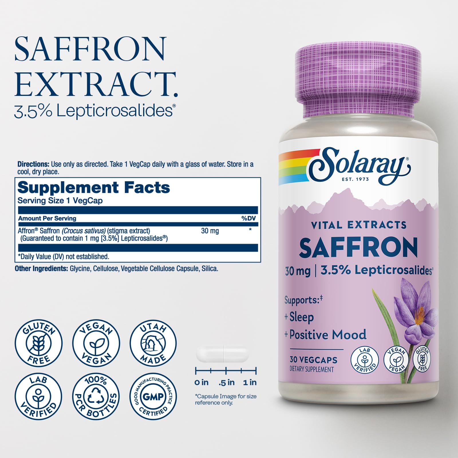 SOLARAY Saffron Extract – Sleep & Mood Support | Vegan & Gluten Free | Lab Verified