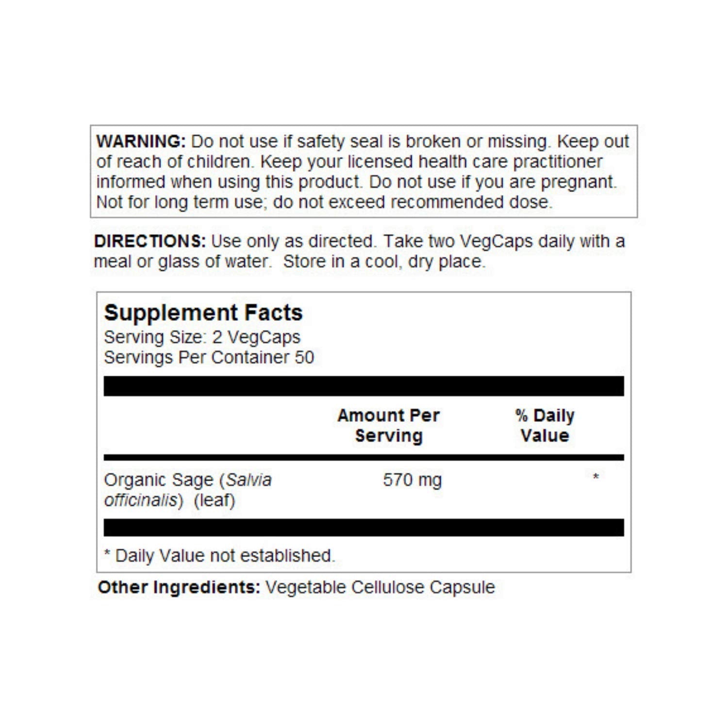 SOLARAY Sage Leaf 570mg – Body Odor & Immune Support | Nervous & Digestive | 100 VegCaps